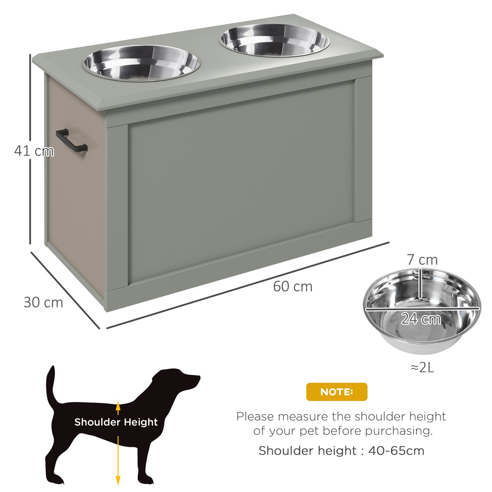 Raised Dog Bowls, with Storage, Two Stainless Steel Bowls, Elevated Base - Grey - Image 3
