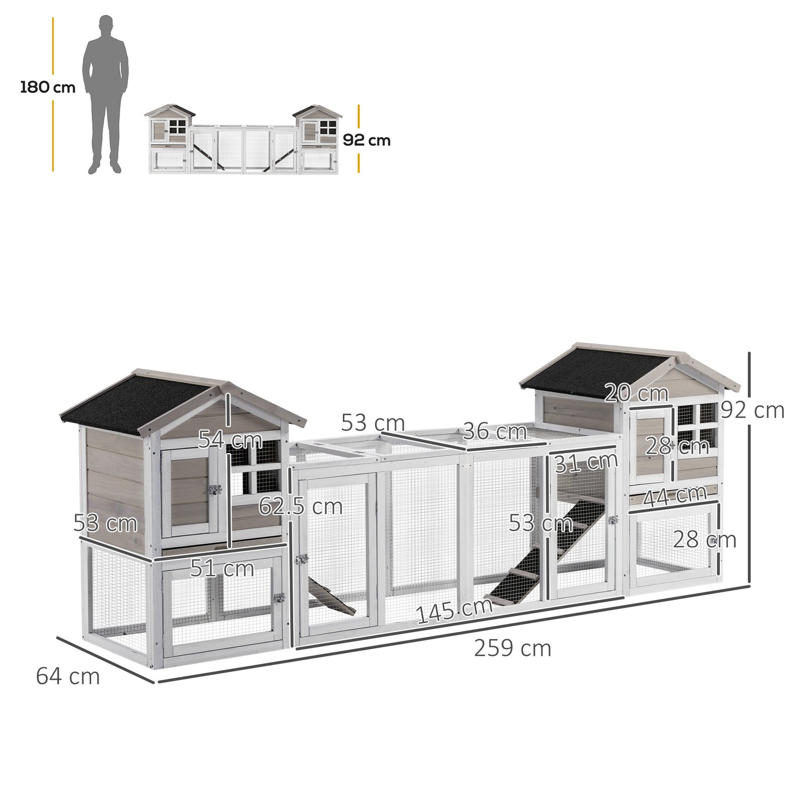 2 in 1 Rabbit Hutch Outdoor Guinea Pig Hutch Bunny Run Double Main House with Run, No-Leak Tray 259 x 64 x 92cm, Grey - Image 4