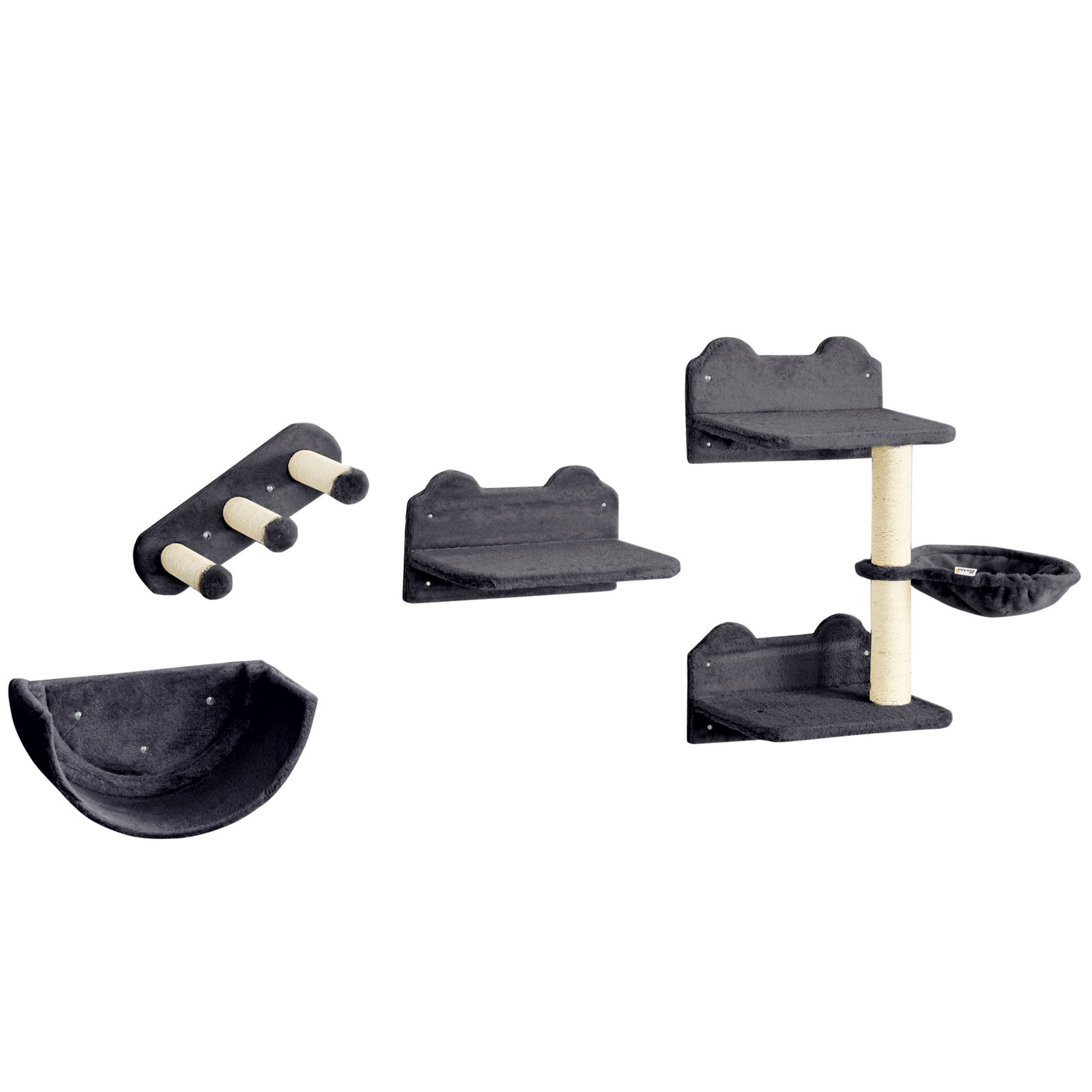 4PCs Wall-Mounted Cat Shelves w/ Scratching Post, Hammock, Nest - Dark Grey