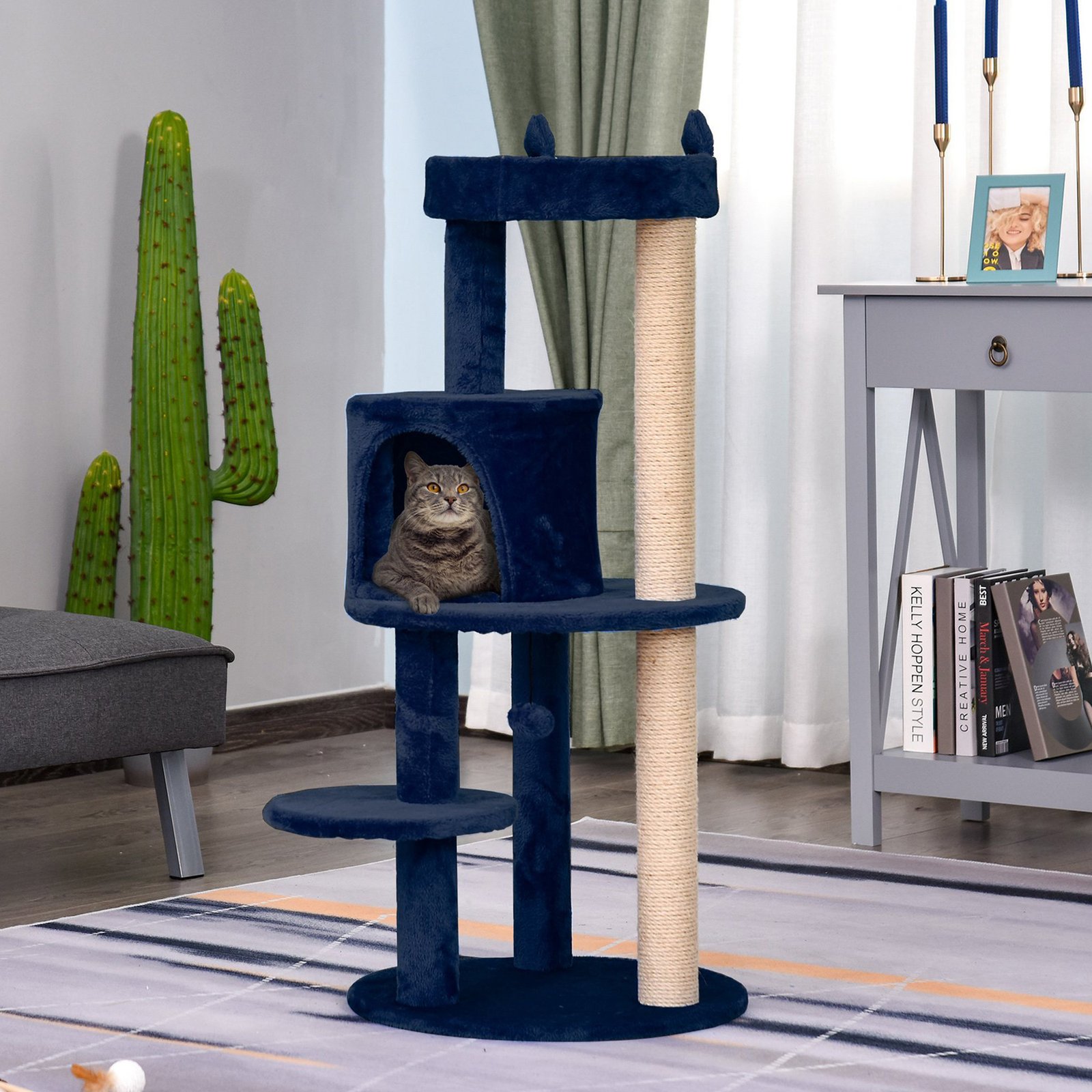 104 cm Cat Tree, Cat Condo Tree Tower, Cat Activity Centre with Scratching Posts, Plush Perches, Hanging Ball - Blue