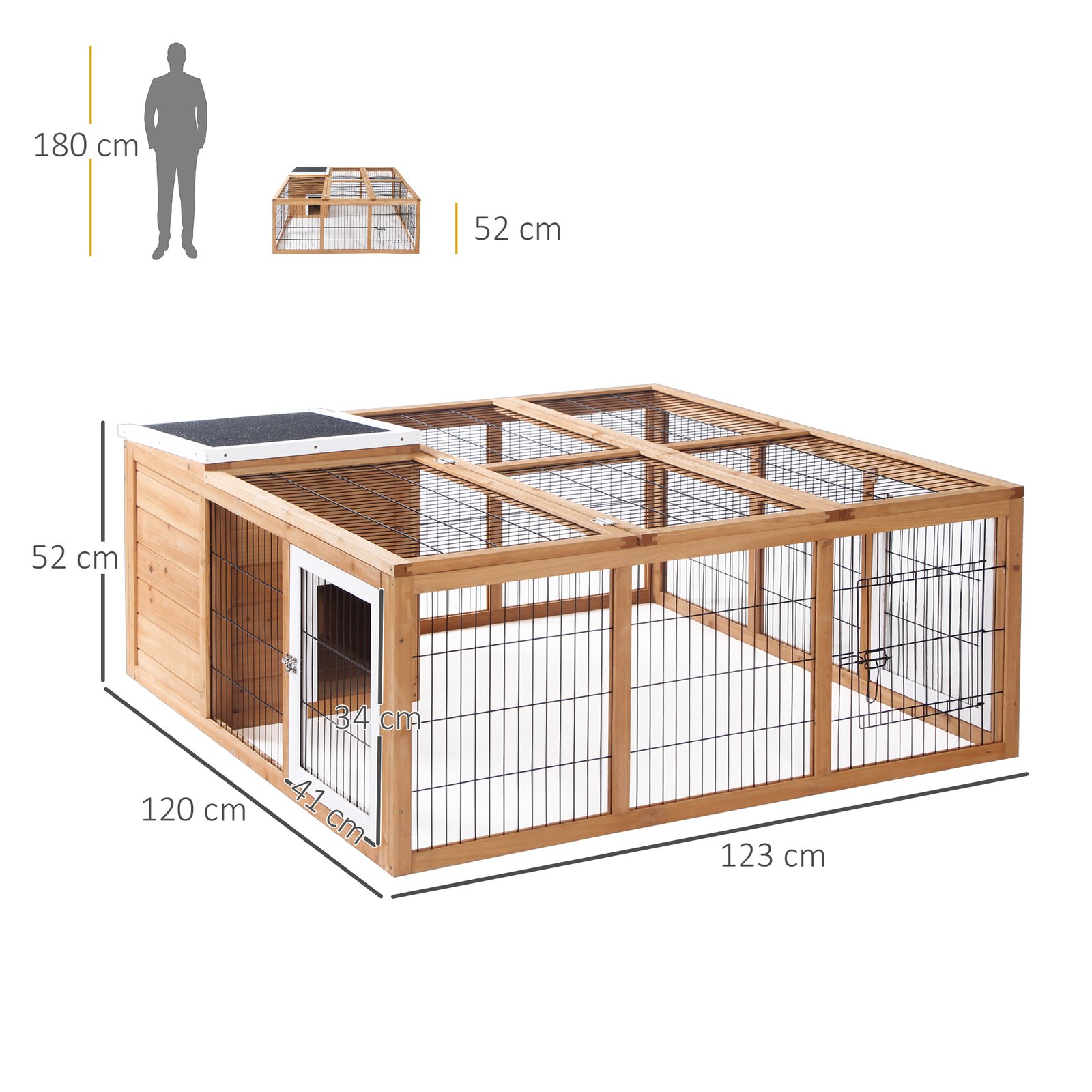Rabbit Hutch Outdoor, Guinea Pig House, Bunny Run Cage with Openable Top for 1–2 Rabbits, 123 x 120 x 52cm, Yellow - Image 3