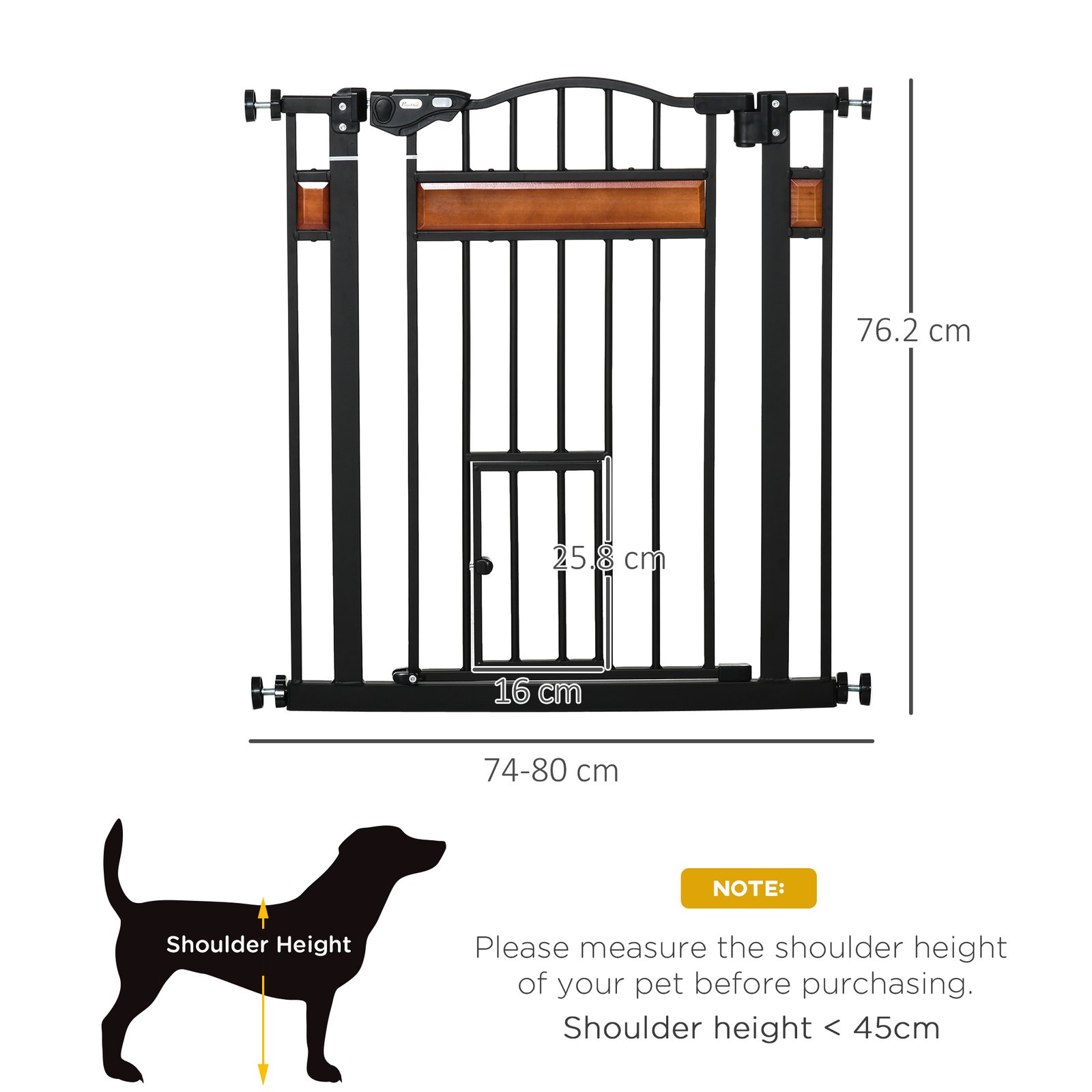 Pet Gate Safety Gate, with Cat Flap, Auto Close, for Staircases, Doorways, Hallways, 74-80cm Wide - Black - Image 3