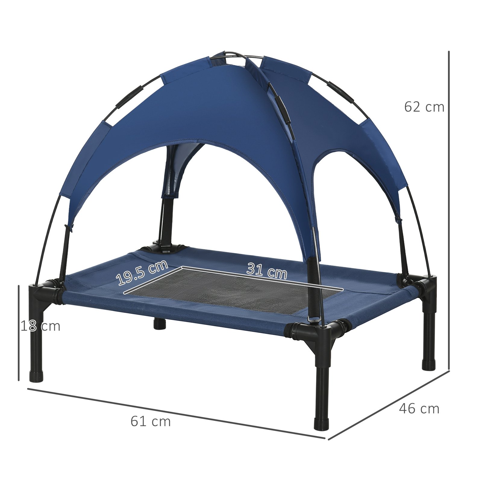 Outdoor Dog Bed with Removable Canopy, Portable Raised Dog Bed for Camping, Garden & Beach, Water-Resistant UV-Protection Mesh Pet Cot Sun Lounger, for Small Pets, 61 x 46 x 62 cm, Dark Blue - Image 3