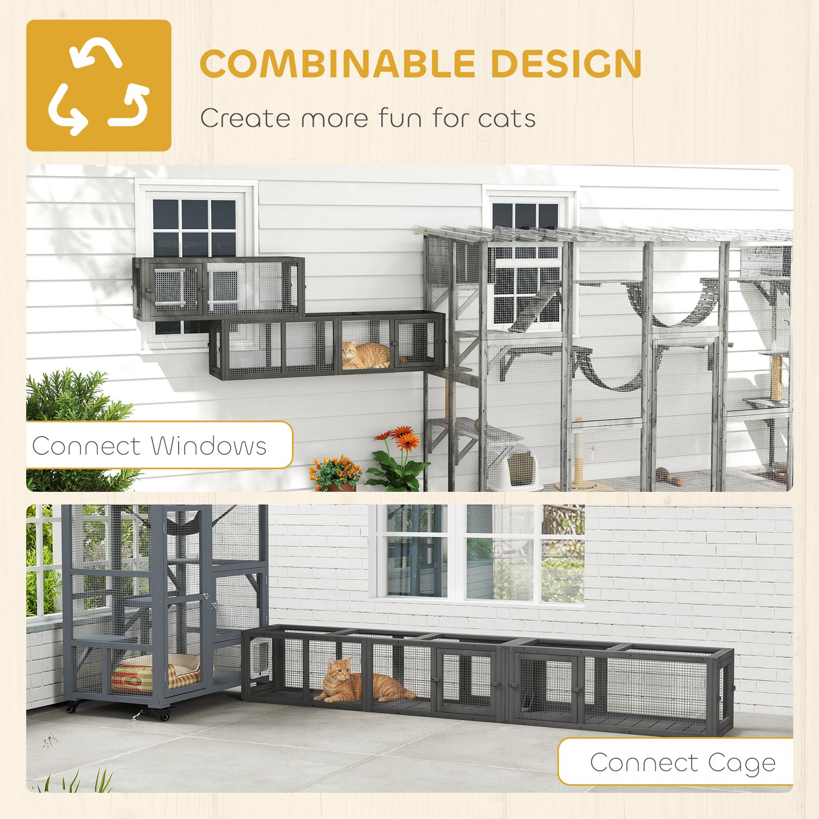 Cat Tunnel, 250cm Extra Long Wooden Cat Play Tunnel with 8 Doors, L-shape/Rectangle, Outdoor Cat Enclosure, Dark Grey