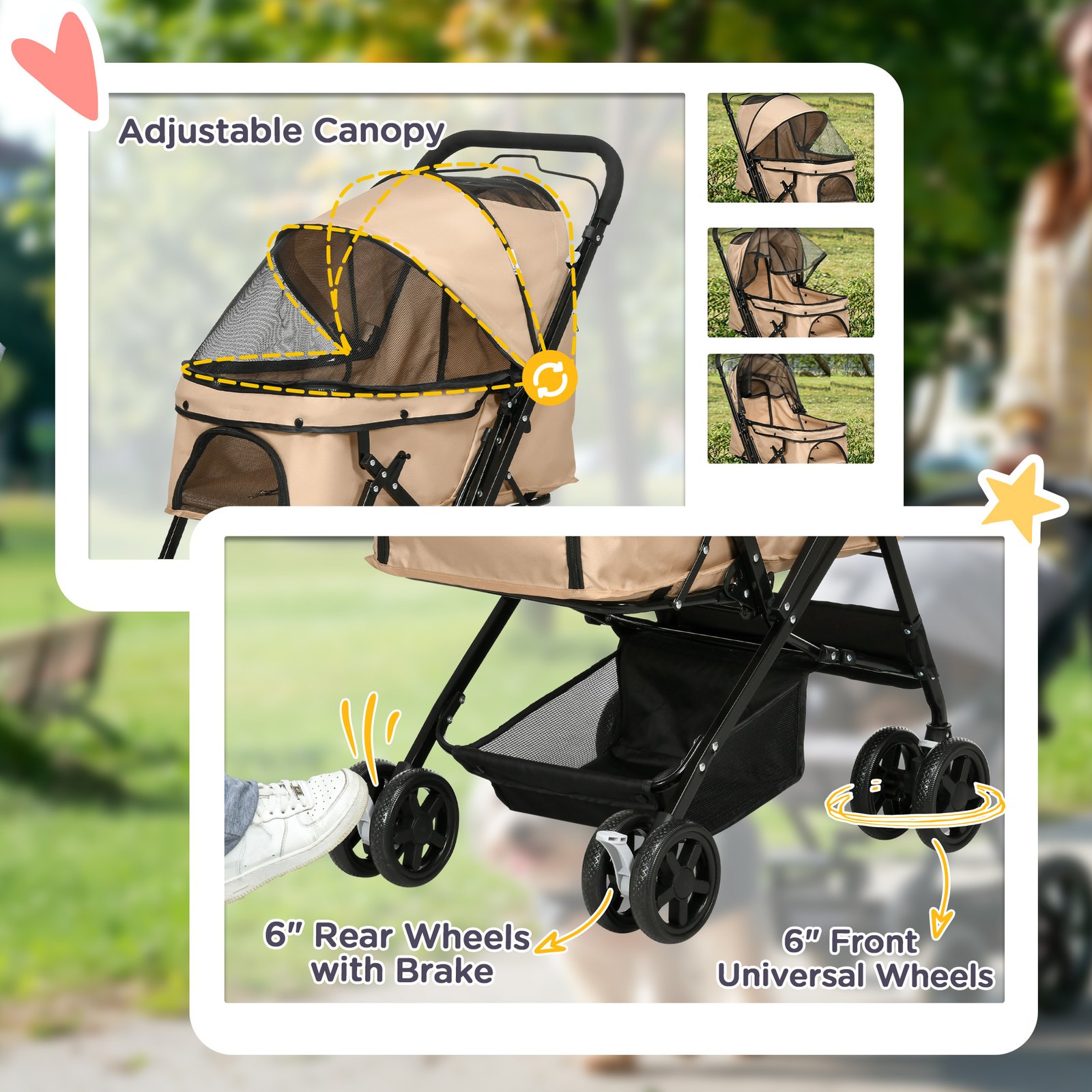 Pet Stroller Pushchair Foldable Travel Dog Cat Carriage w/ Reversible Handle Brake Basket - Image 6