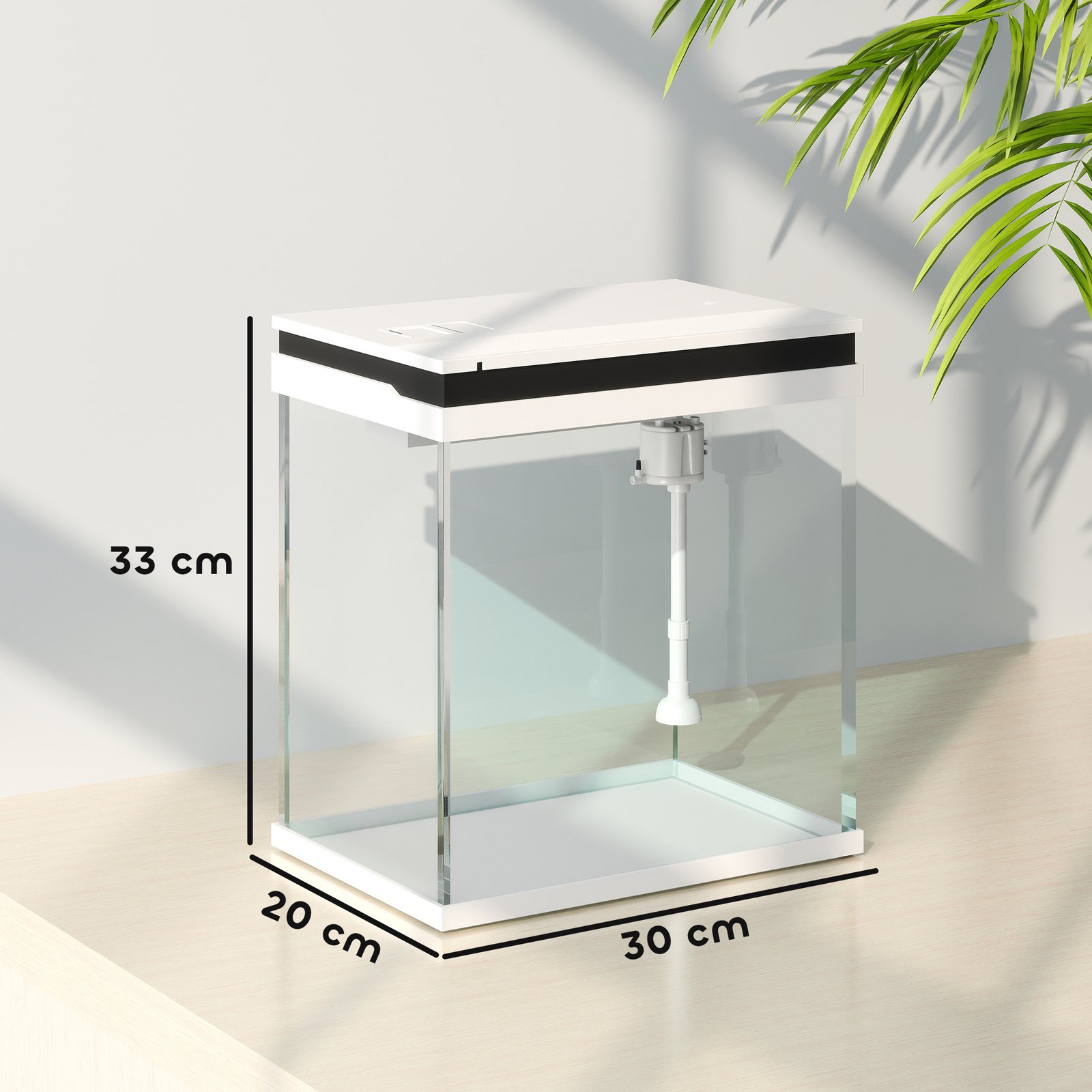 14L Glass Fish Tank With Filter System, LED Lights, Water Pump, White