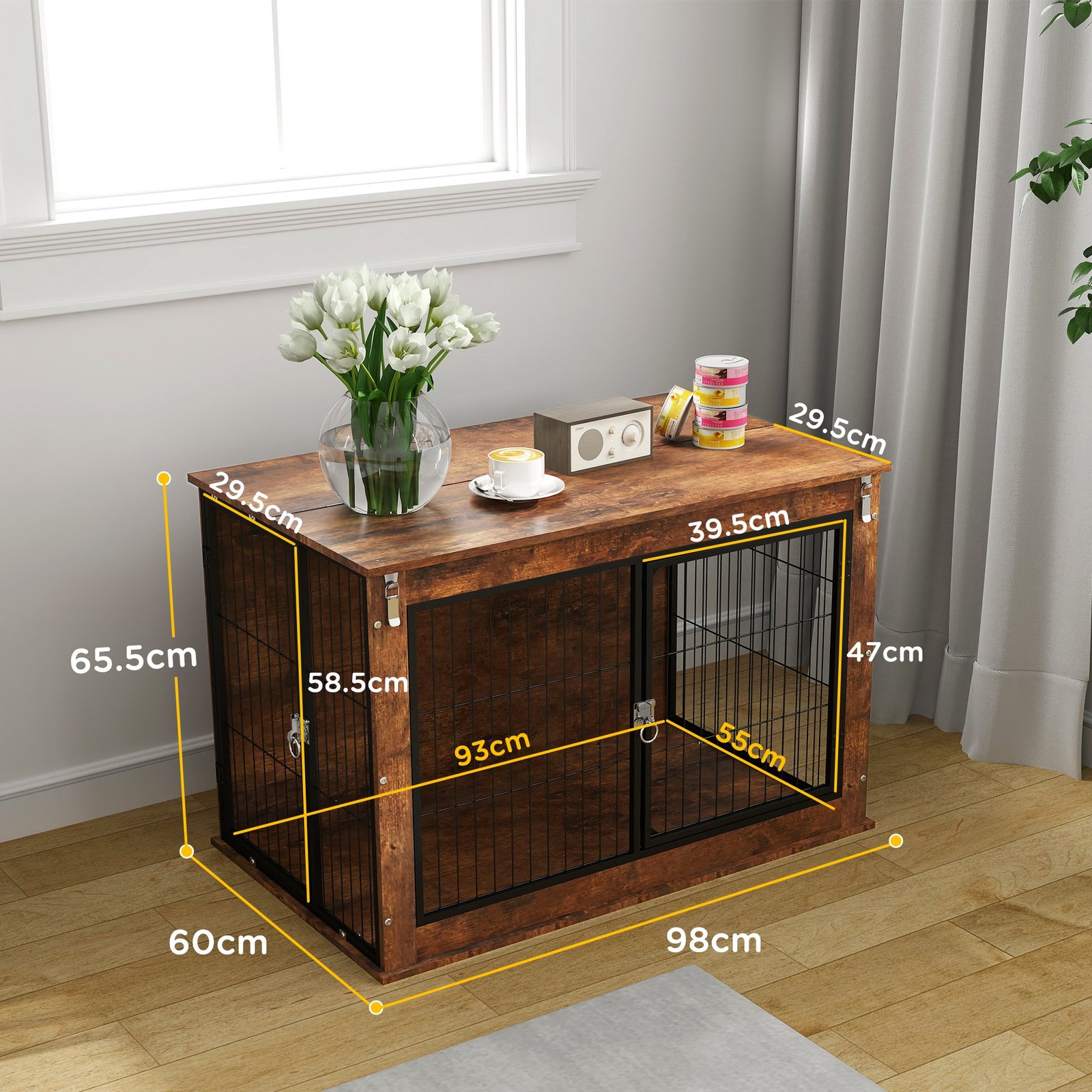 Dog Crate Furniture with Openable Top, Two Doors, for Large Dogs, Rustic Brown