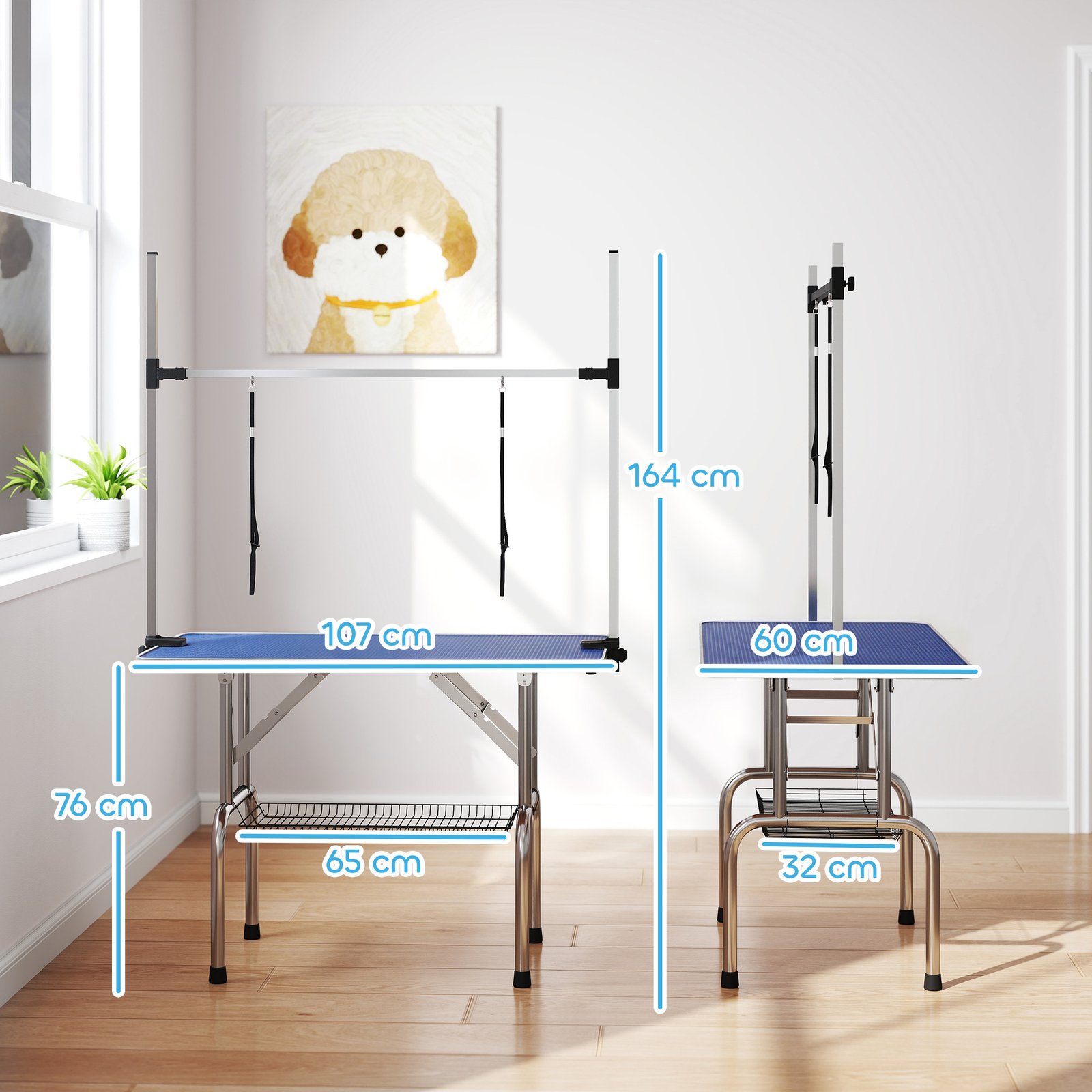 42" Dog Grooming Table, Adjustable Pet Cat Drying Beauty Table with 2 Loops Storage Basket, Rubber Top, Blue