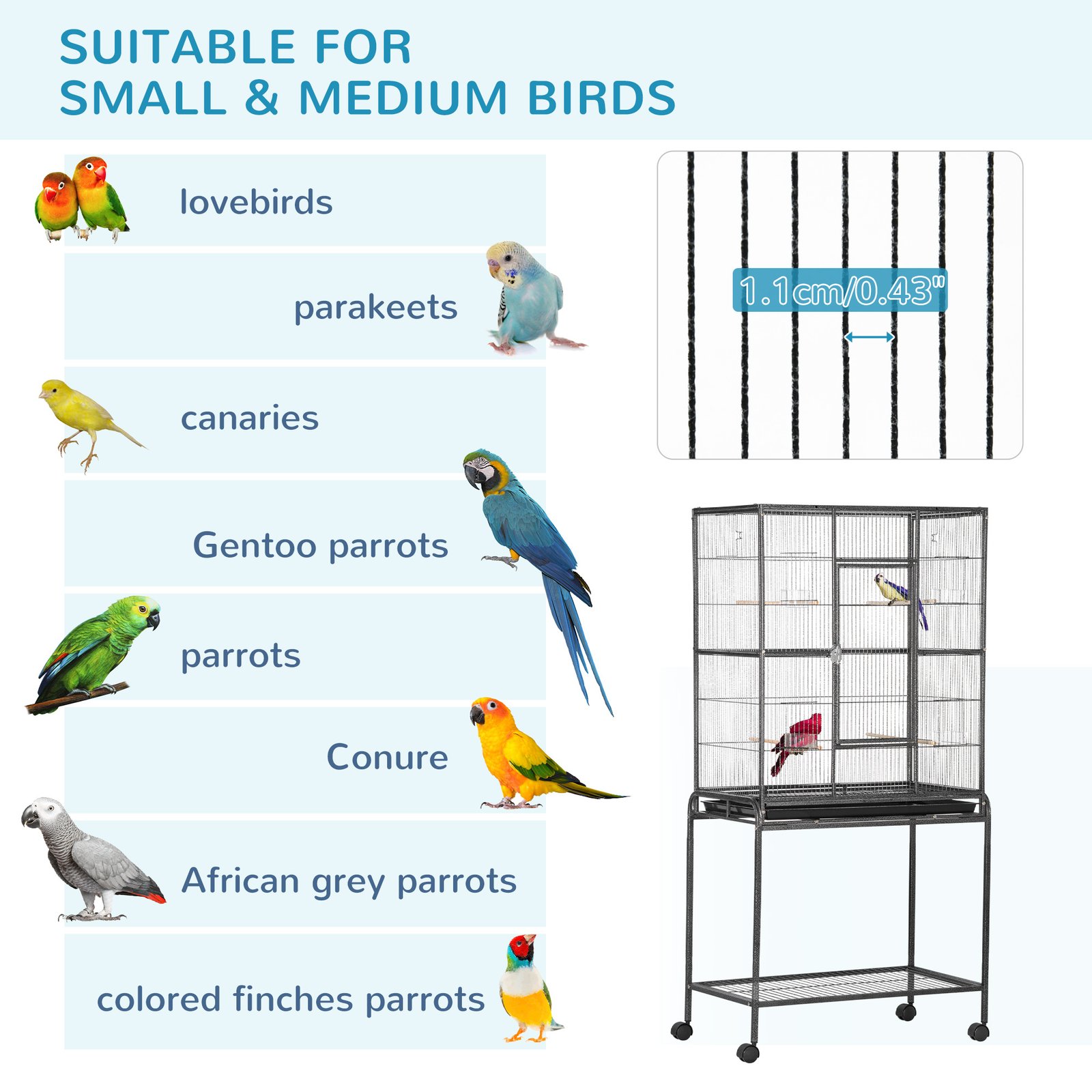 Large Bird Cage Budgie Cage with Stand, Storage Shelf, Wood Perch for Parrot, 81 x 48 x 162.5 cm, Black