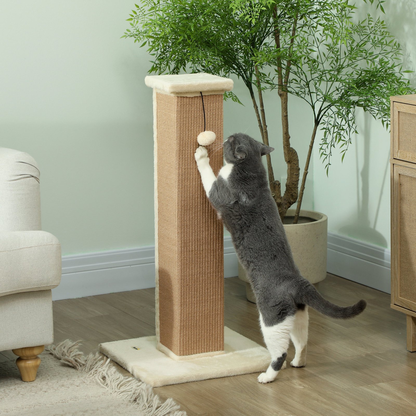 81cm Cat Scratcher, Vertical Full Scratcher w/ Natural Jute Rope, Hanging Ball, Soft Plush - Beige