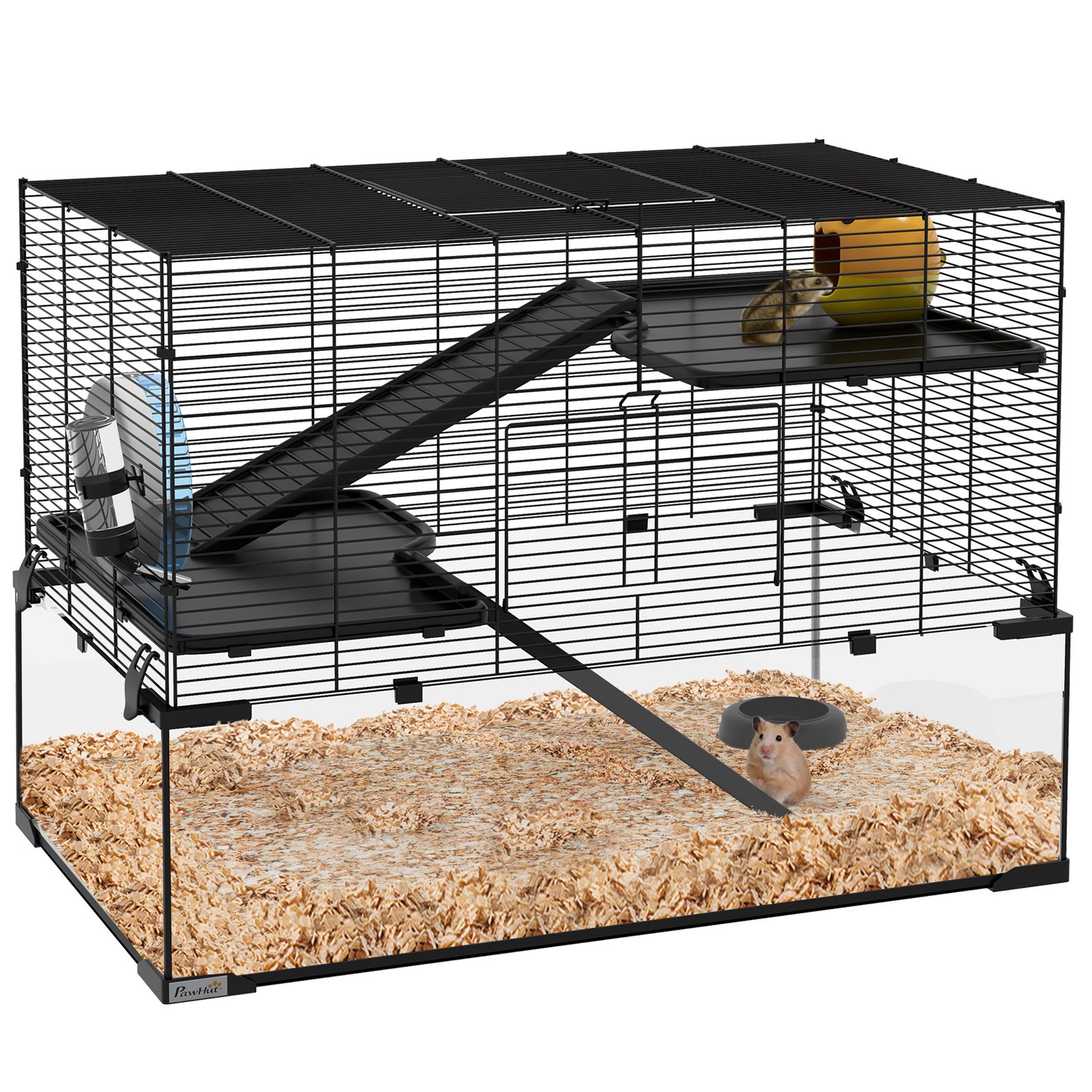 3 Tiers Hamster Cage, Gerbil Cage with Deep Glass Bottom, Non-Slip Ramps, Platforms, Hut, Exercise Wheels, Water Bottle, Dish, for Syrian Hamster, Dwarf Hamster, 76.5 x 48.5 x 54.5cm