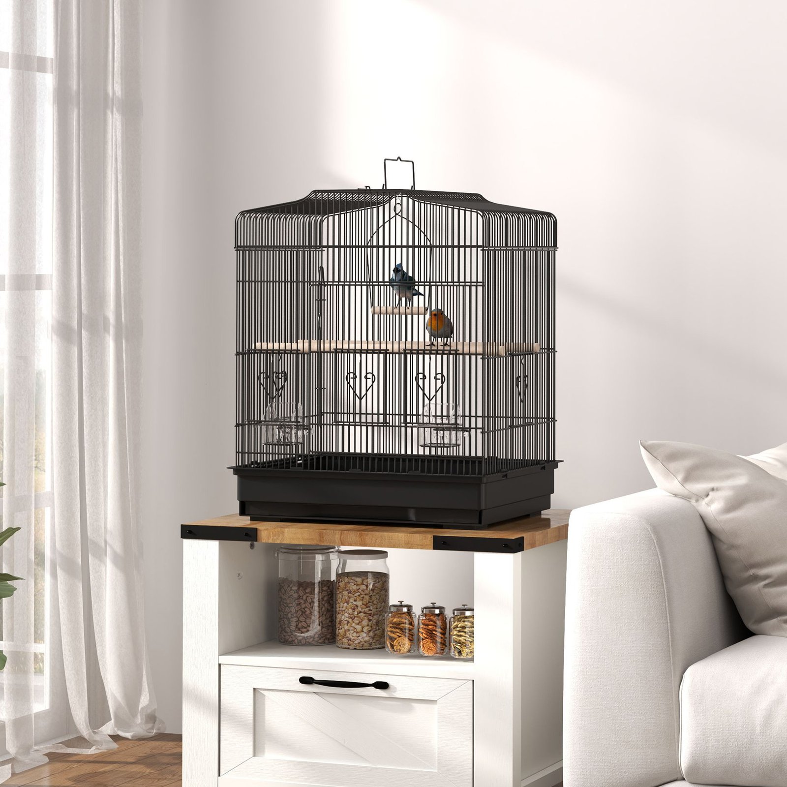 Large Metal Bird Cage with Perches, Food Bowls, Swing, for Budgies, Parakeets, Black
