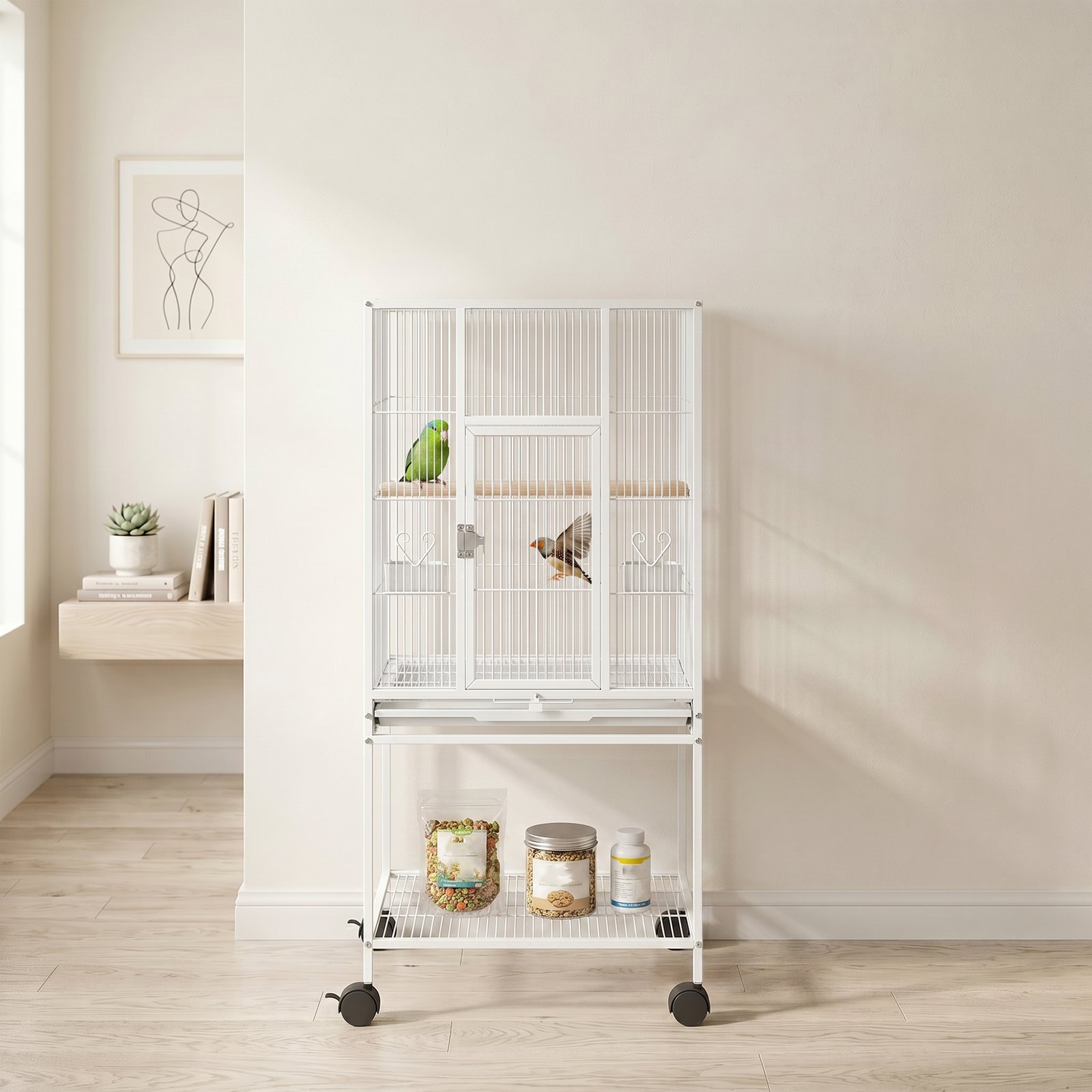 Bird Cage Detachable with Rolling Stand Parrot Cage with Storage Shelf White