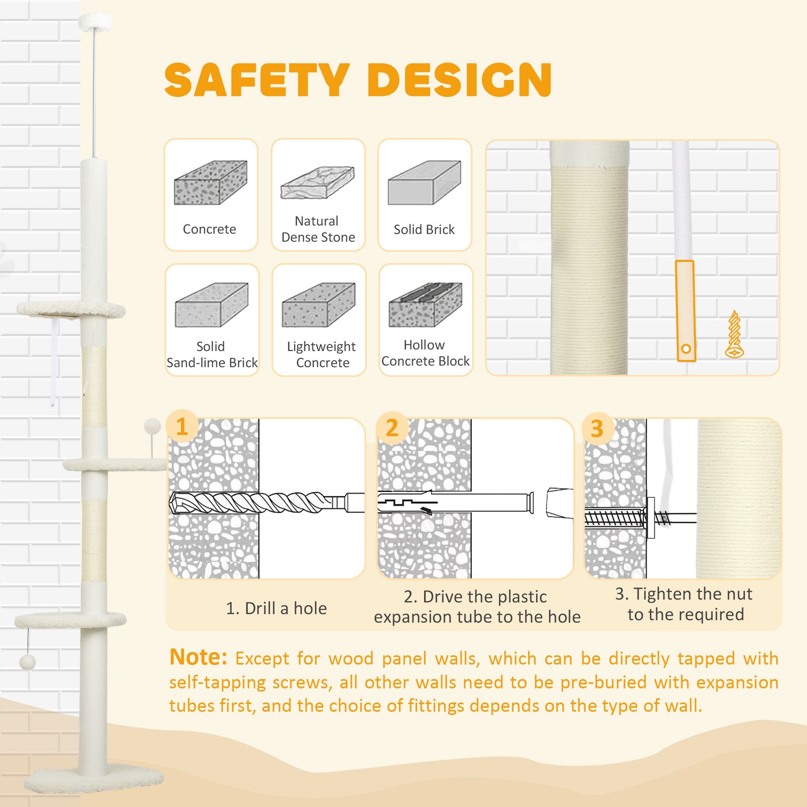 225-255 cm Adjustable Cat Climbing Tower with Sisal Scratching Posts, 2 Hanging Play Balls and Anti-Tip Strap, Beige