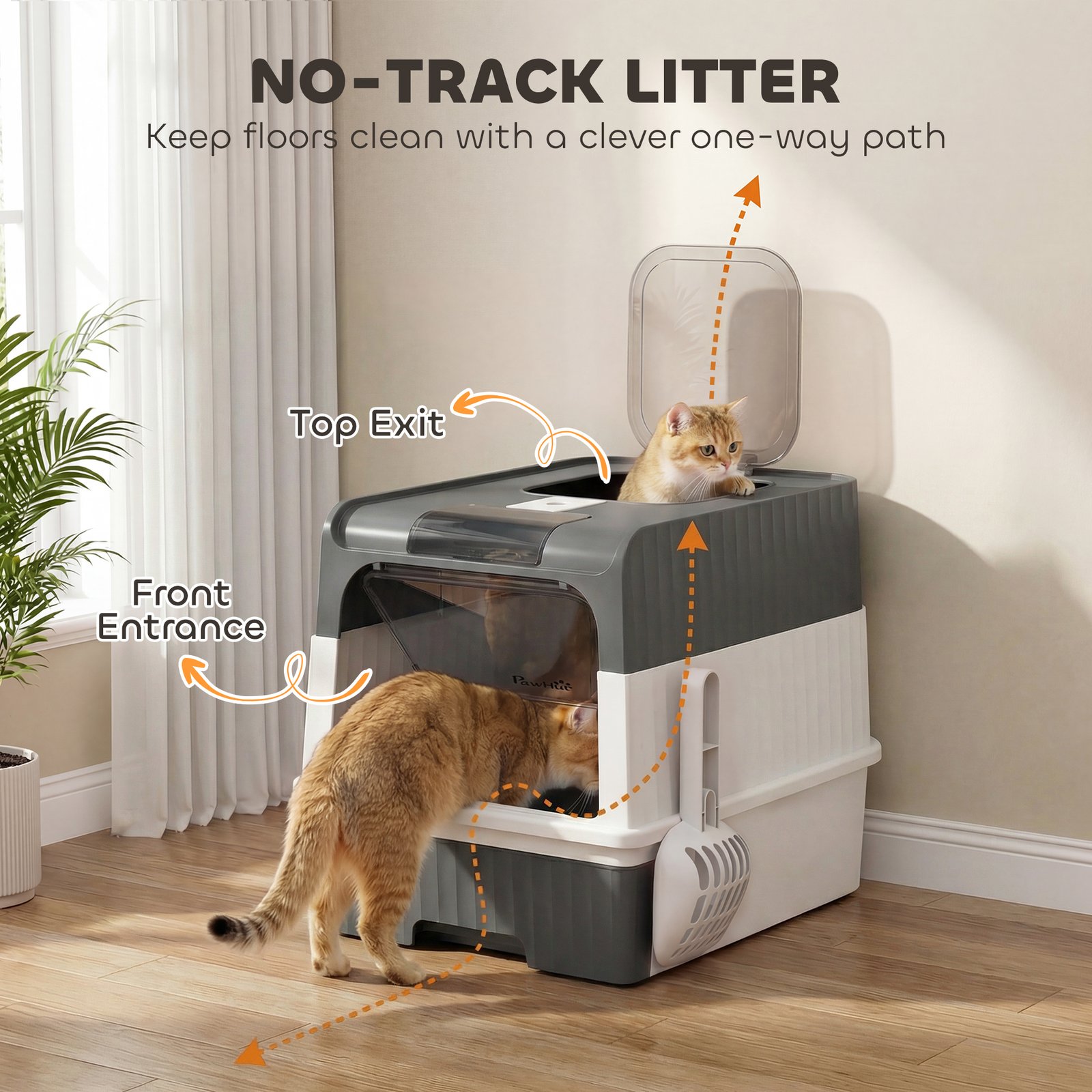 Enclosed Cat Litter Box with Lid, Pull-Out Drawer Tray, Scoop, 4 Deodorisation Bags, Front Entry & Top Exit, Grey