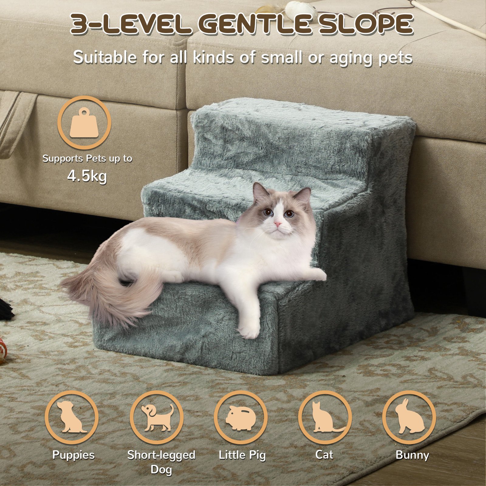 Three-Step Dog Stairs, with Washable Plush Cover, for High Bed Sofa, Dog Stairs for Small Dog and Cat - Light Grey - Image 4