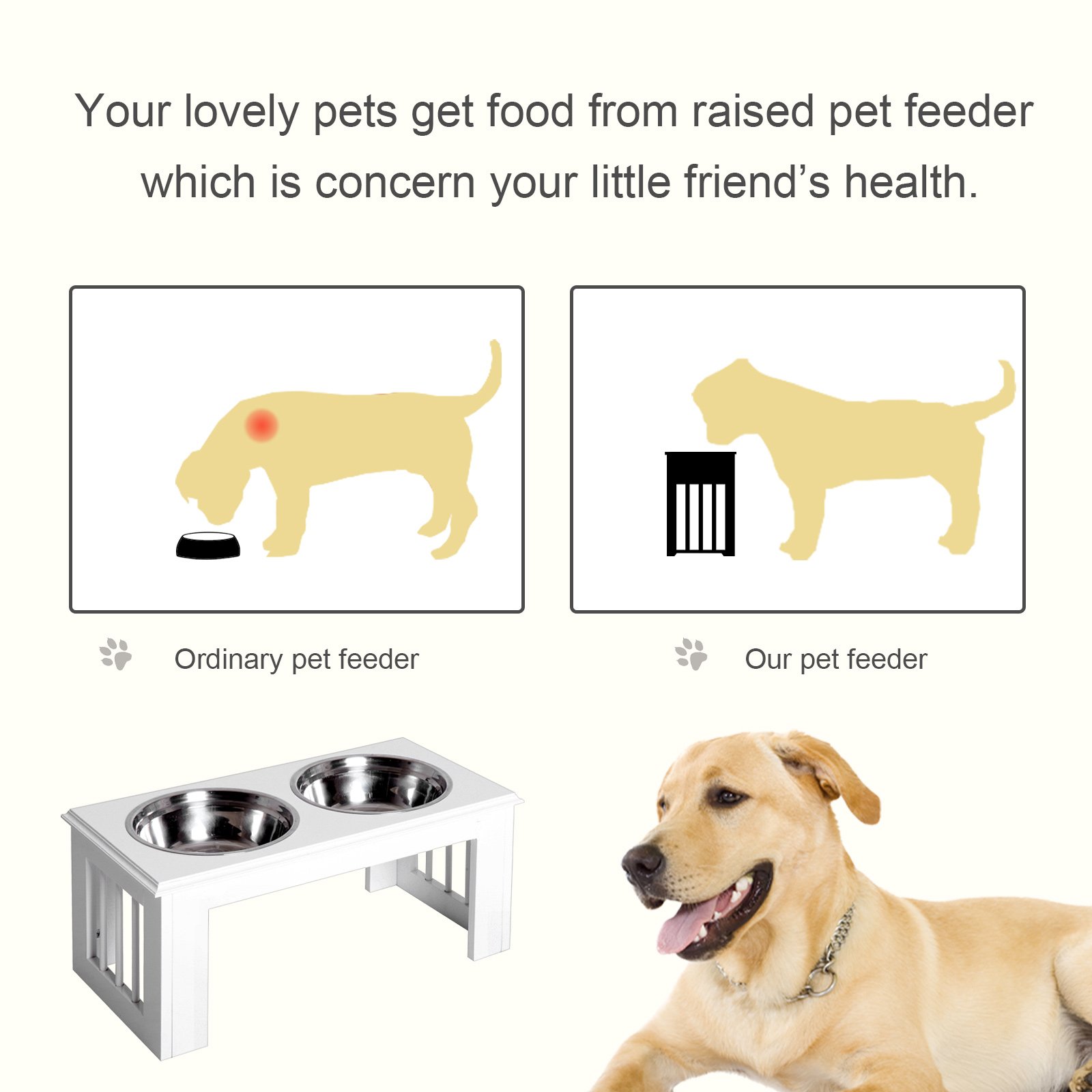 Raised Dog Feeding Bowls with Stand, Stainless Steel for Medium Dog, 58L x 31W x 25H cm - White