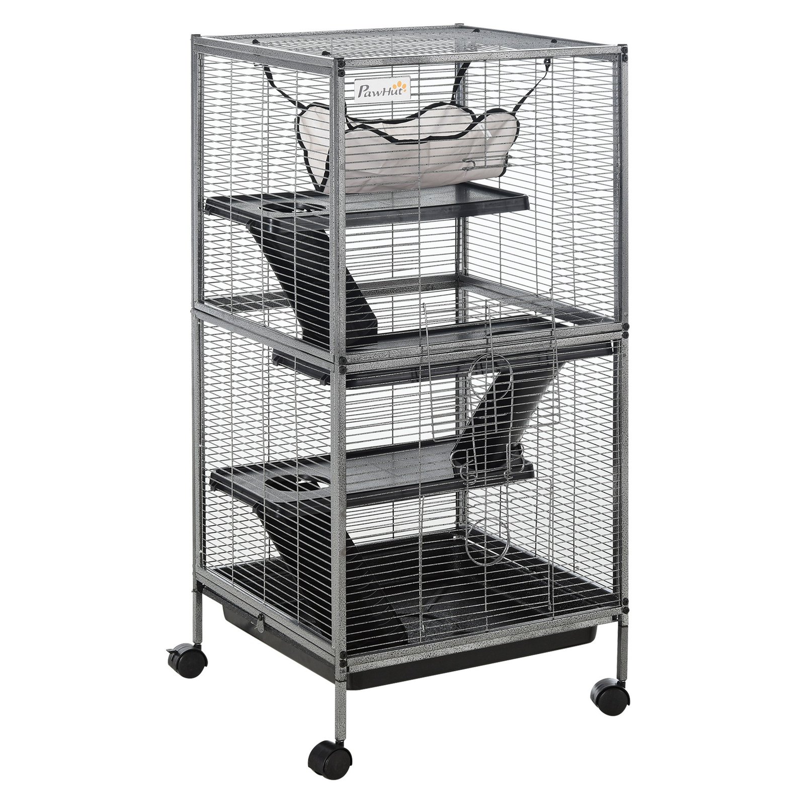 4 Tier Small Animal Cage with Wheels, Pet Enclosure Ferret Cage with Hammock, 4 Platforms, Removable Tray, Ramp, for Chinchillas Ferrets Kittens, Silver