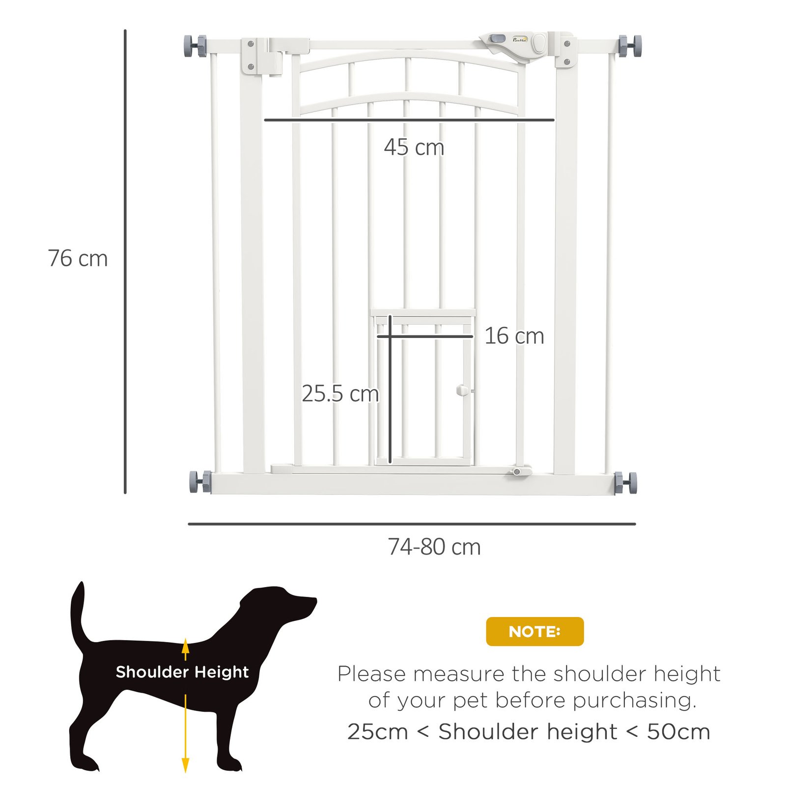 Pressure Fit Stair Gate, Dog Gate w/ Small Cat Door, Auto Closing System, Double Locking Openings, 74-80cm - White - Image 3