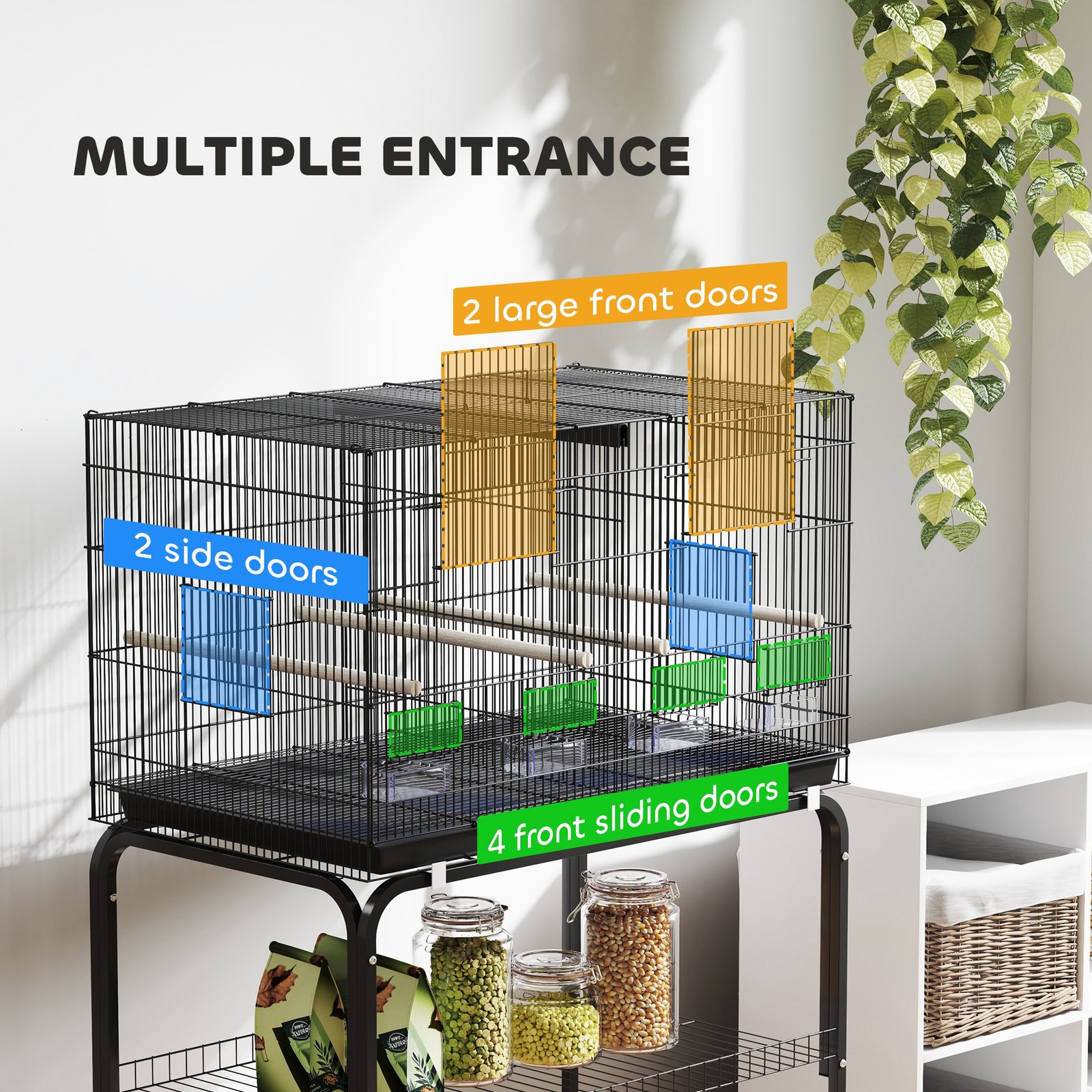 Bird Cage with Divider, 4 Wooden Perches, Slide Out Tray, 4 Feeders, for Budgie, Lovebird, Canary, 76 x 46 x 116cm Black - Image 6