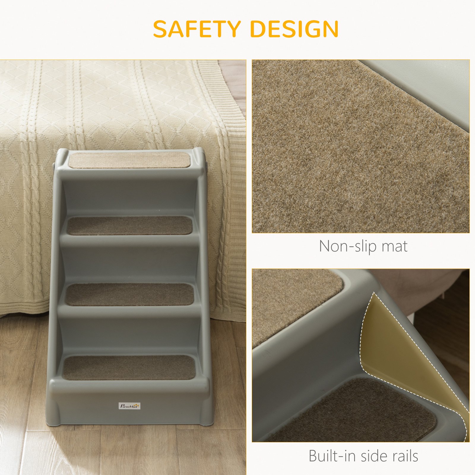 Foldable Four-Step Pet Stairs, for Cats, Small Miniature Dogs, with Non-Slip Mats 62 x 38 x 49.5cm - Grey