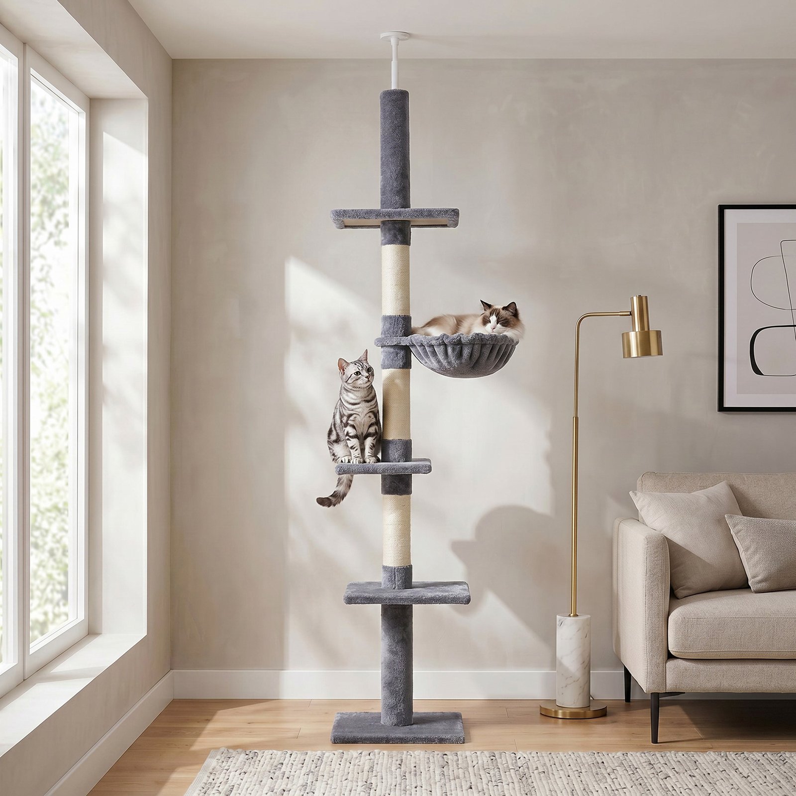 Floor to Ceiling Cat Tree 230-260cm Height Adjustable, 5-Tier Cat Tower with Scratching Posts, Hammock, Perches, Climbing Activity Centre for Indoor Kittens Playing and Relaxing, Grey