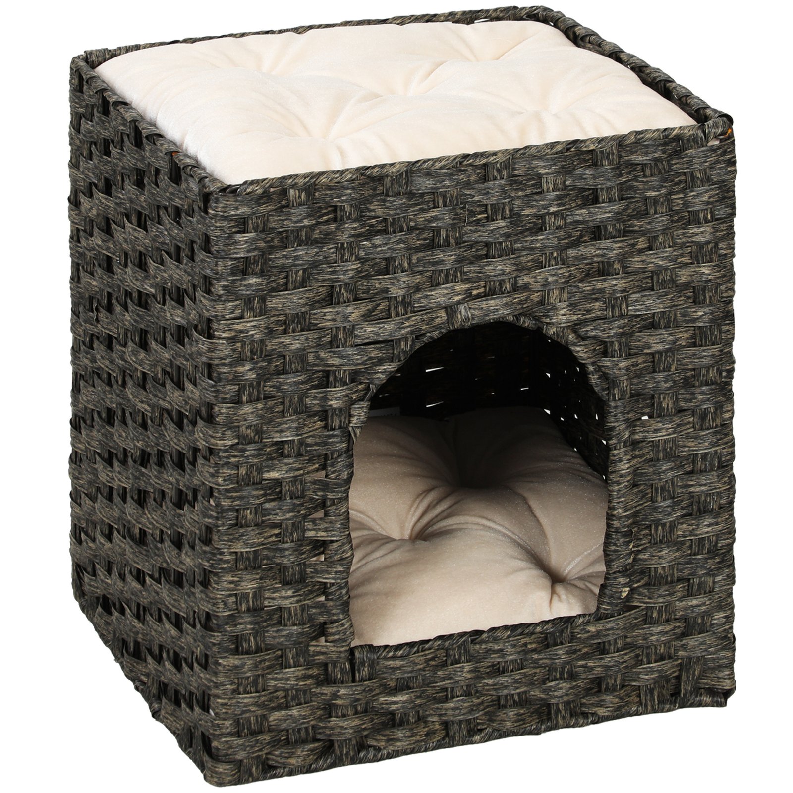 2-Tier Wicker Cat House, Handwoven Rattan Cat Bed with Washable Cushions, Indoor Kitten Condo Hideaway