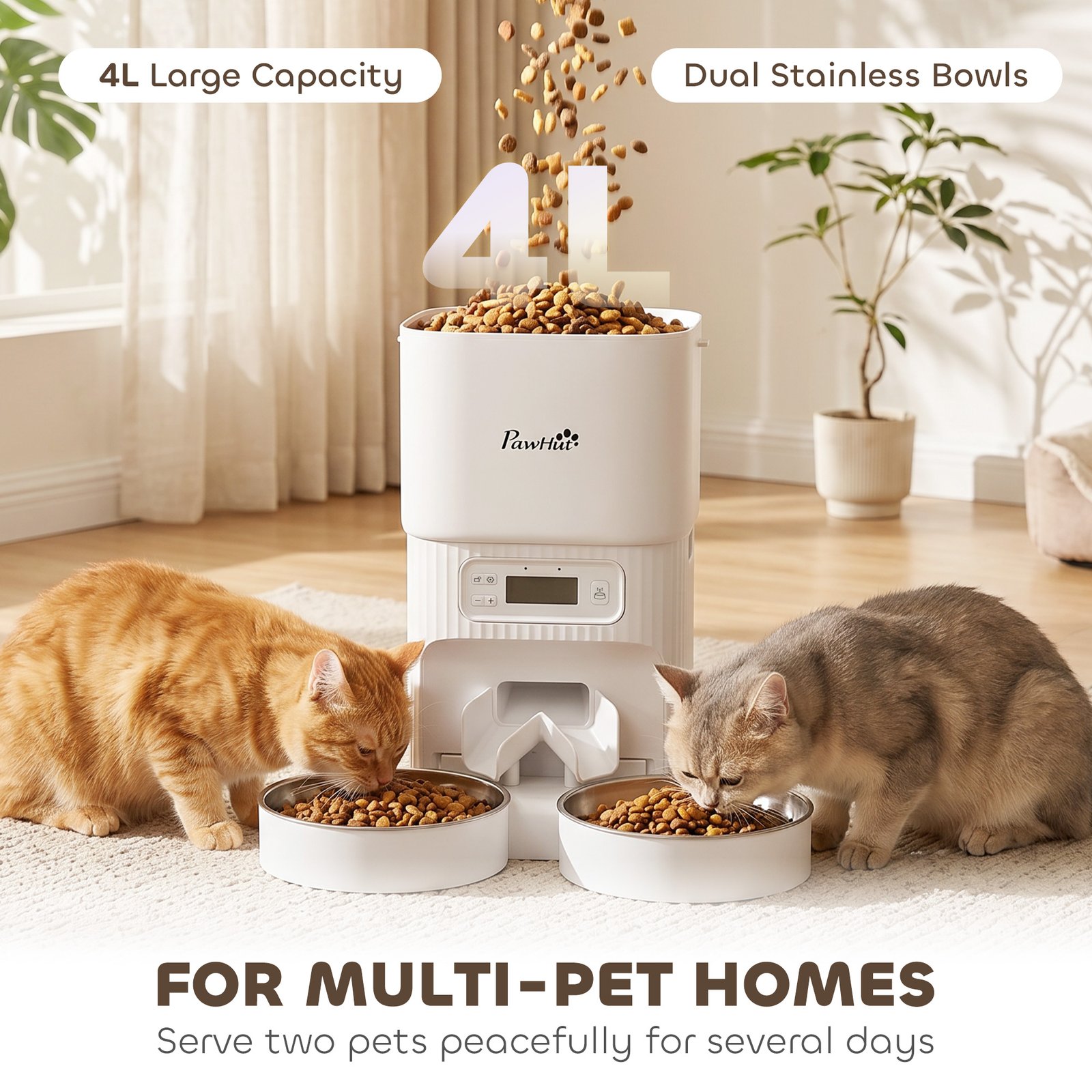 Automatic Cat Feeder Timed Portion Control Pet Food Dispenser with 2 Stainless Steel Bowls
