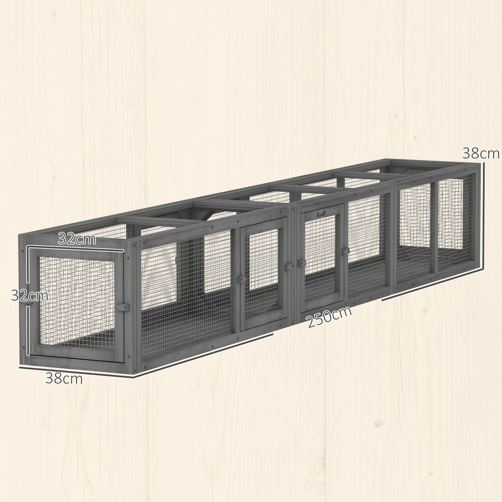 Cat Tunnel, 250cm Extra Long Wooden Cat Play Tunnel with 8 Doors, L-shape/Rectangle, Outdoor Cat Enclosure, Dark Grey