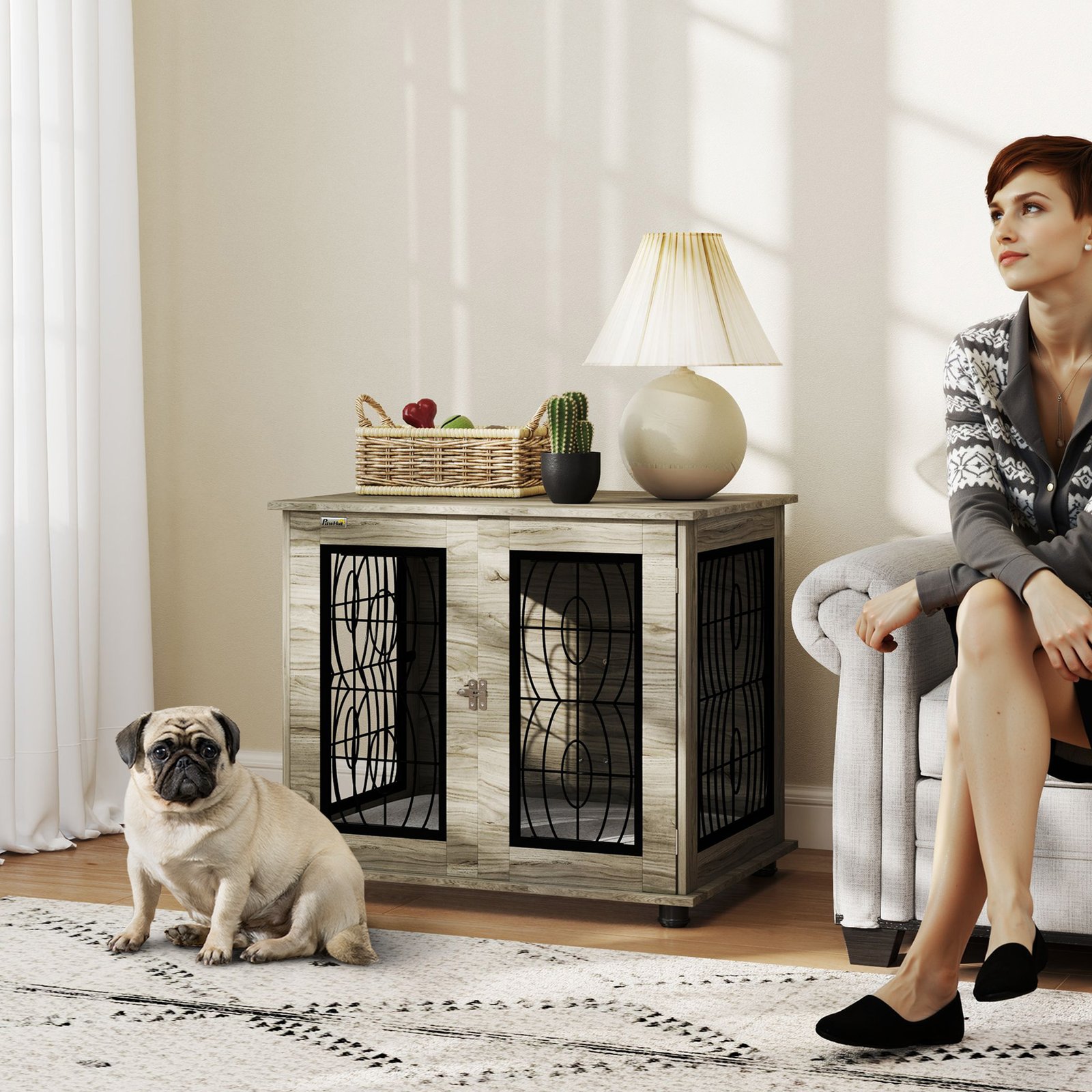 Indoor Dog Crate Furniture End Table with Soft Washable Cushion, Lockable Front Door, for Medium Dogs - Black - Image 9