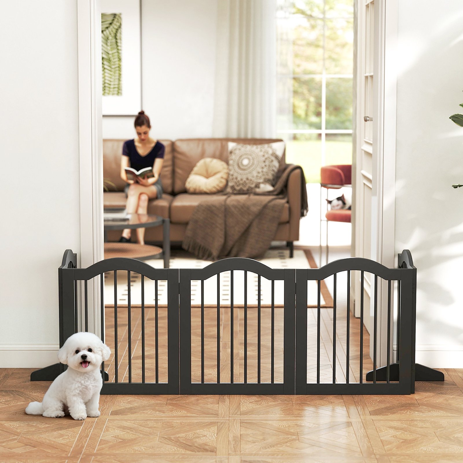 Freestanding Dog Gate Wooden Stair Gate for Dogs with Support Feet Foldable Pet Fence Safety Barrier for the House Doorway Stairs Black