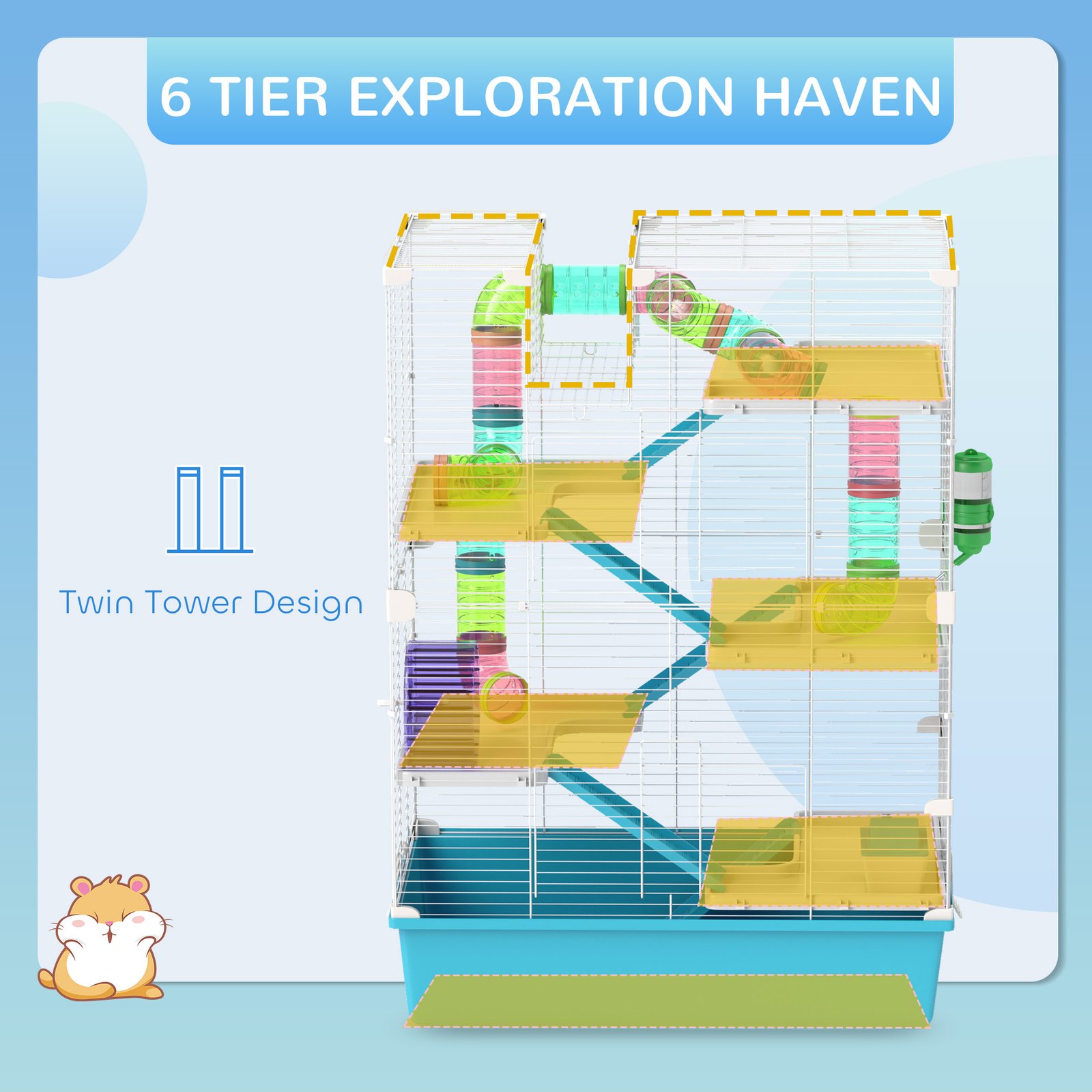 6 Tier Hamster Cage, Small Animal Cage with Tubes, Exercise Wheel, Ramps, Hut, Food Dish, Water Bottle, Light Blue