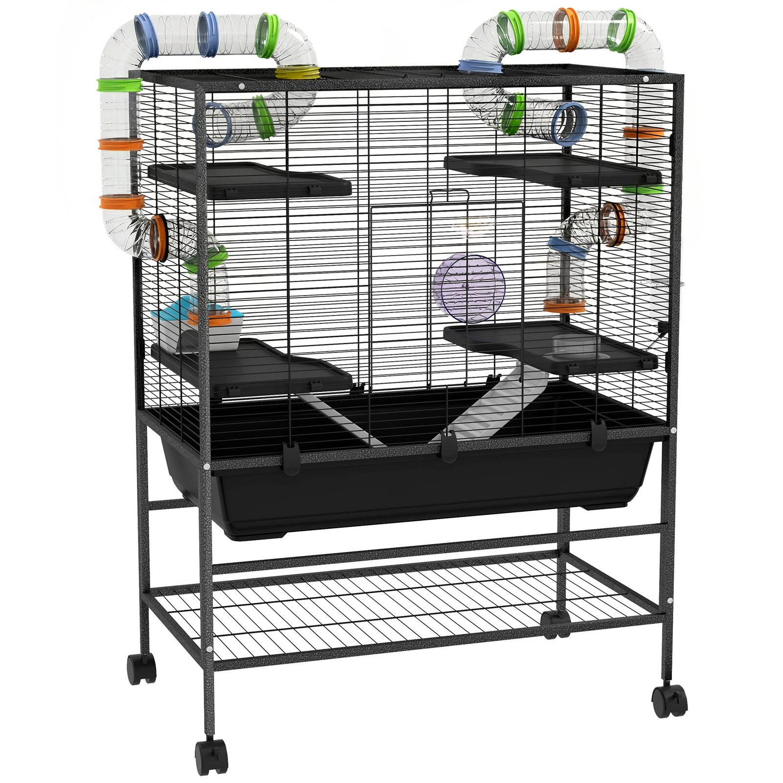 Large Hamster Cage, Gerbil Cage with Tubes, Storage Shelf, Ramps, Platforms, Running Wheel - Black