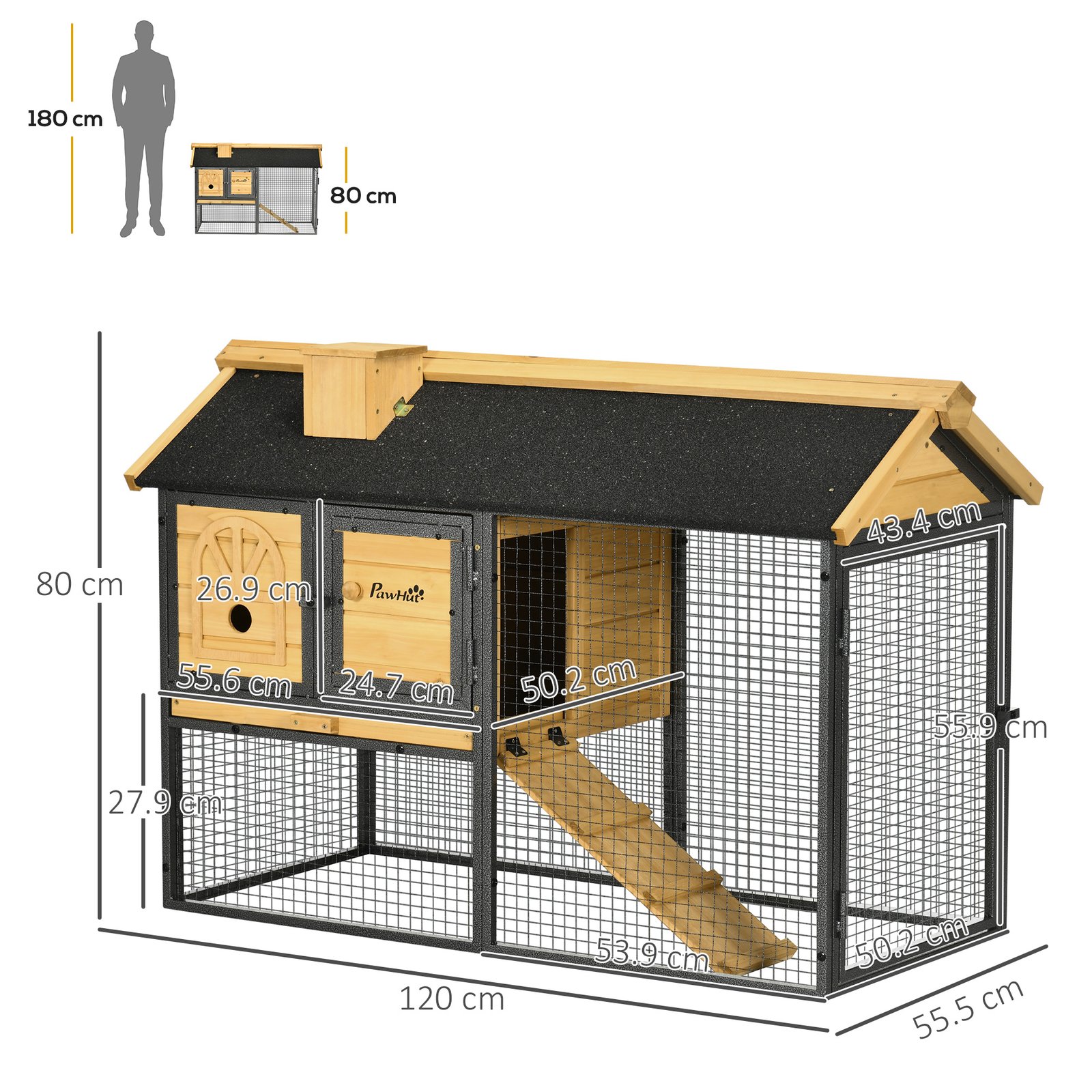 Outdoor Rabbit Hutch, with Run, Removable Tray, Asphalt Roof, 120 x 55.5 x 80cm