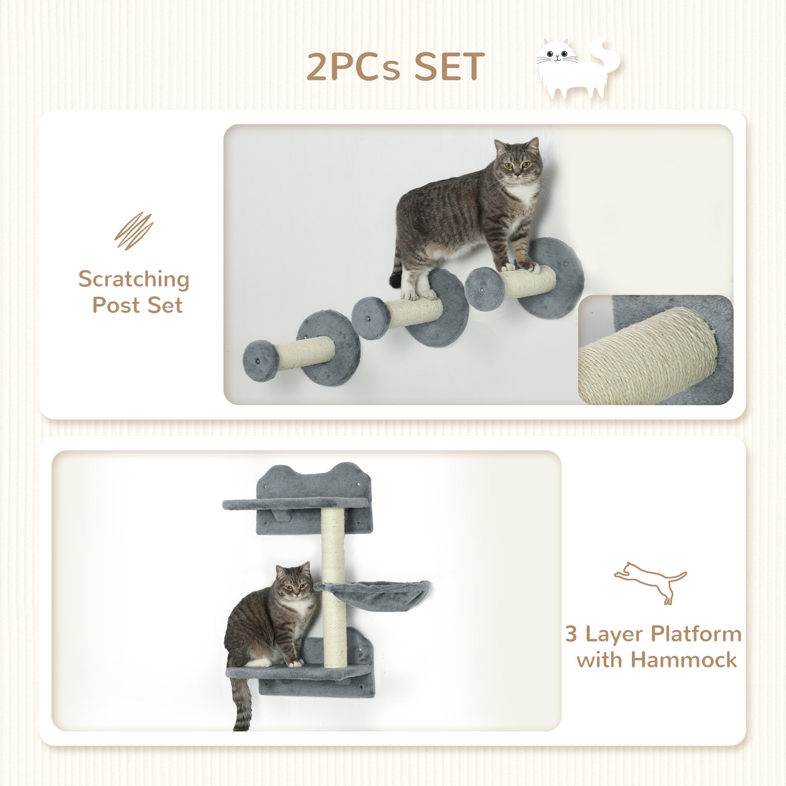 4 Piece Cat Shelf with Scratching Post, Wall-Mounted Cat Tree for Indoor Cat - Grey - Image 5