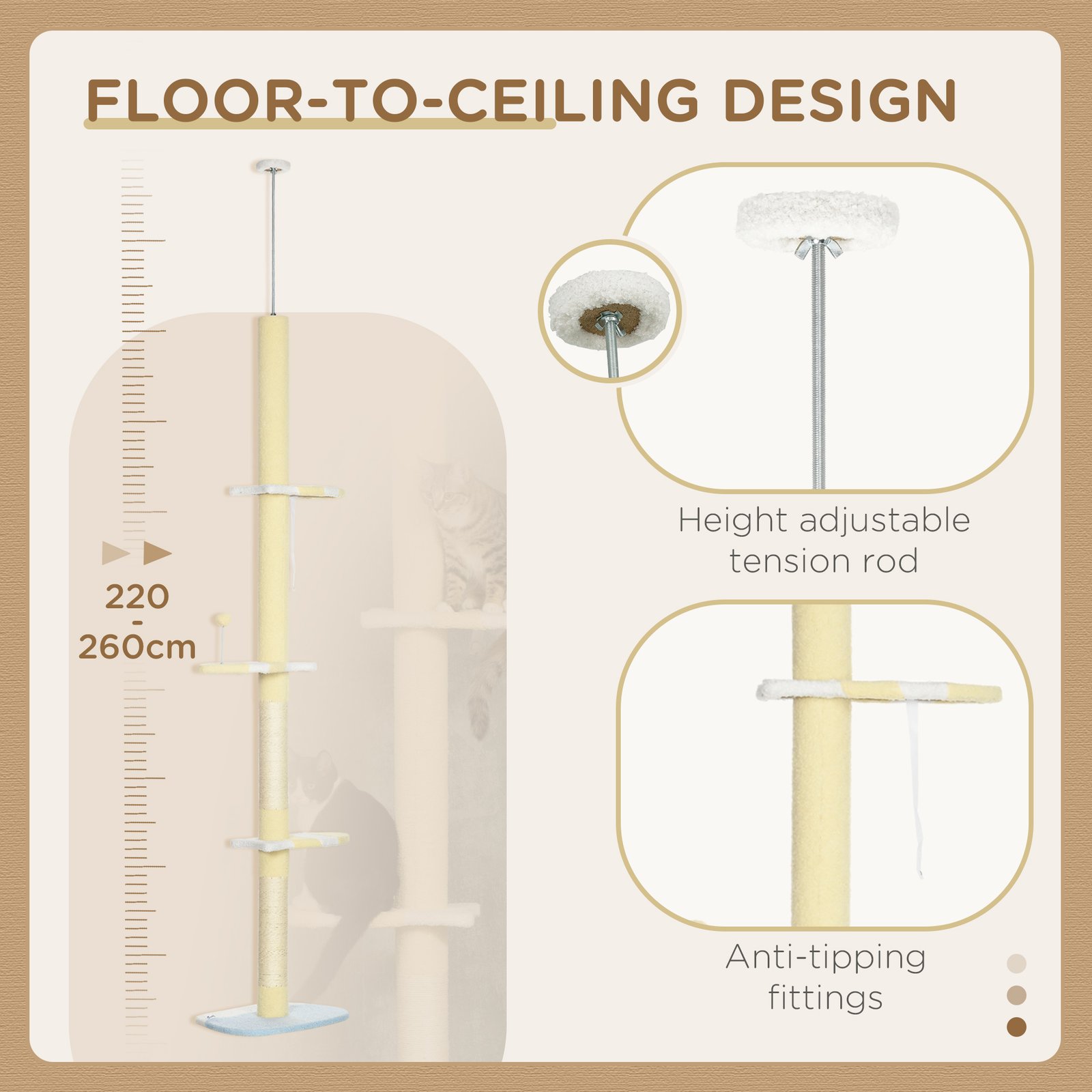 260cm Adjustable Floor-To-Ceiling Cat Tree w/ Anti-Tipping Kit, Toy Ball - Image 5
