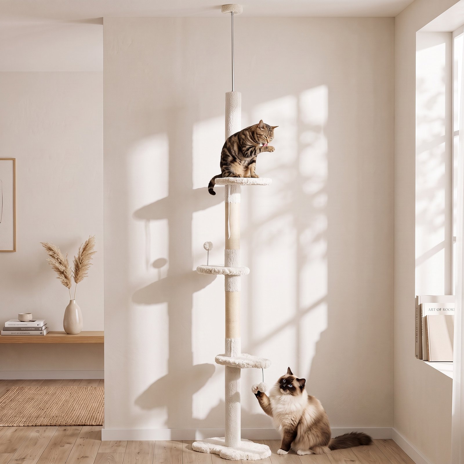 225-255 cm Adjustable Cat Climbing Tower with Sisal Scratching Posts, 2 Hanging Play Balls and Anti-Tip Strap, Beige