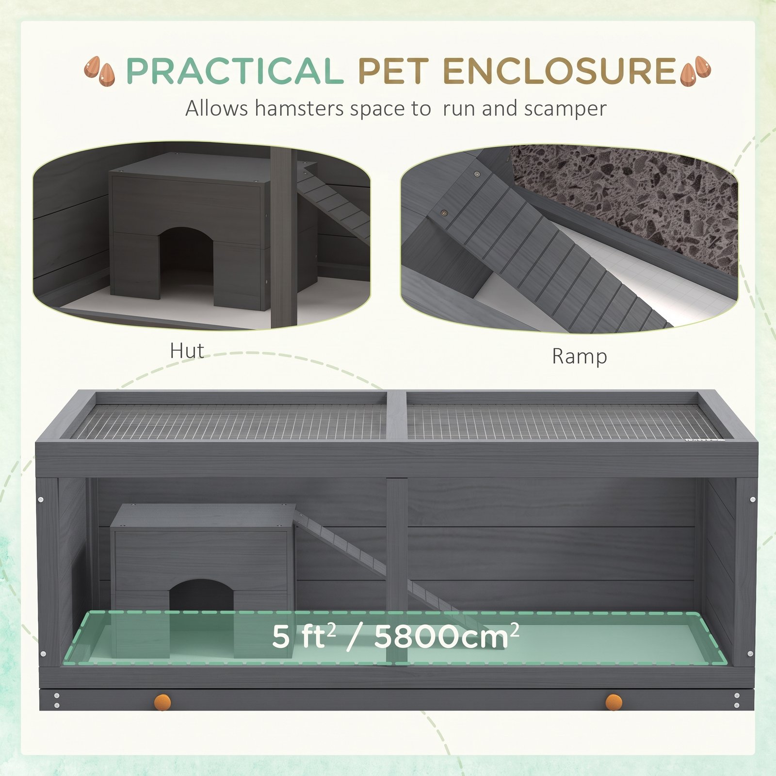 Wooden Hamster Cage with Sliding Tray, Openable Top, Hut for Syrian Hamster, Grey