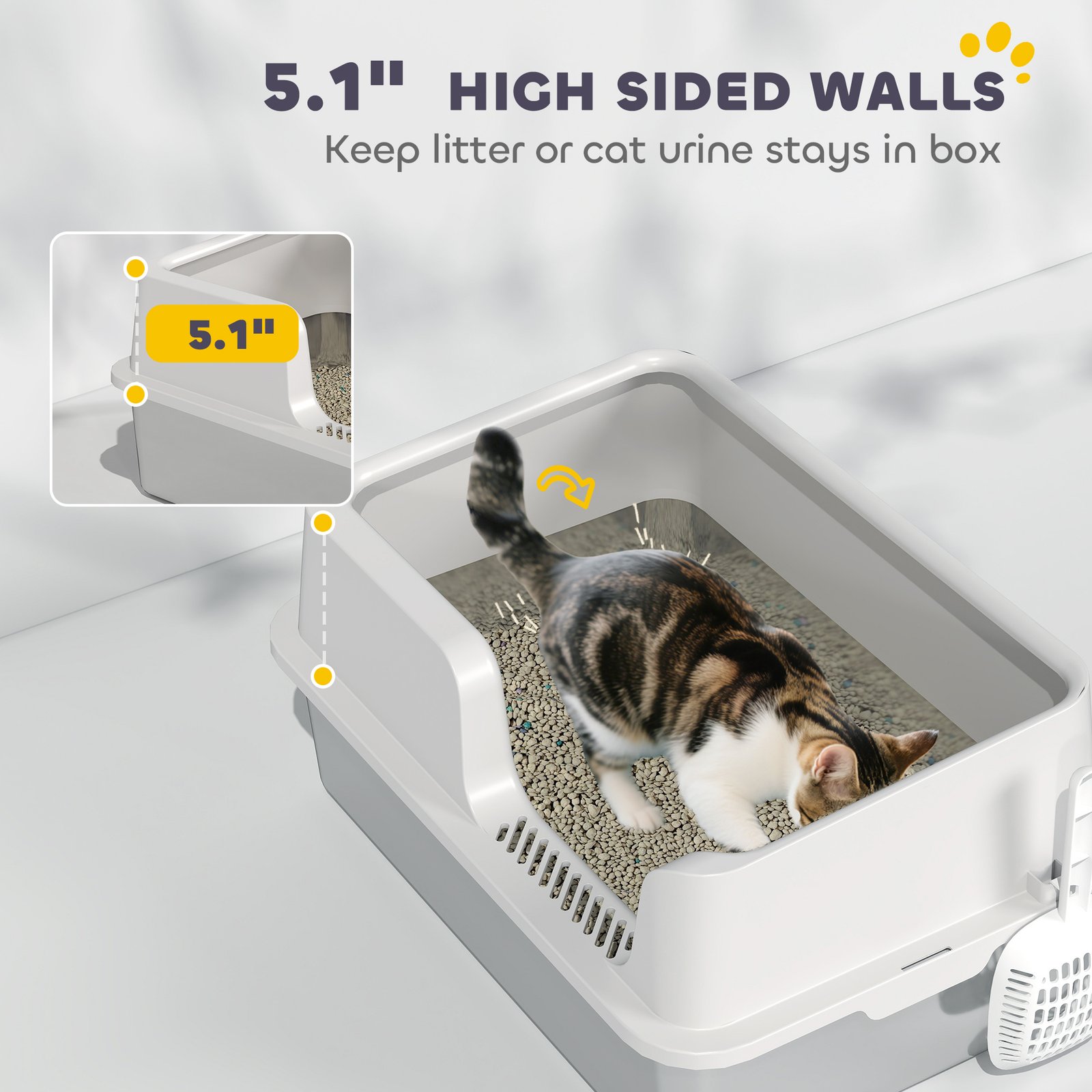 Stainless Steel Litter Box with Detachable Rim, Scoop, Easy Cleaning, Odour-Resistant, 60 x 40 x 28 cm