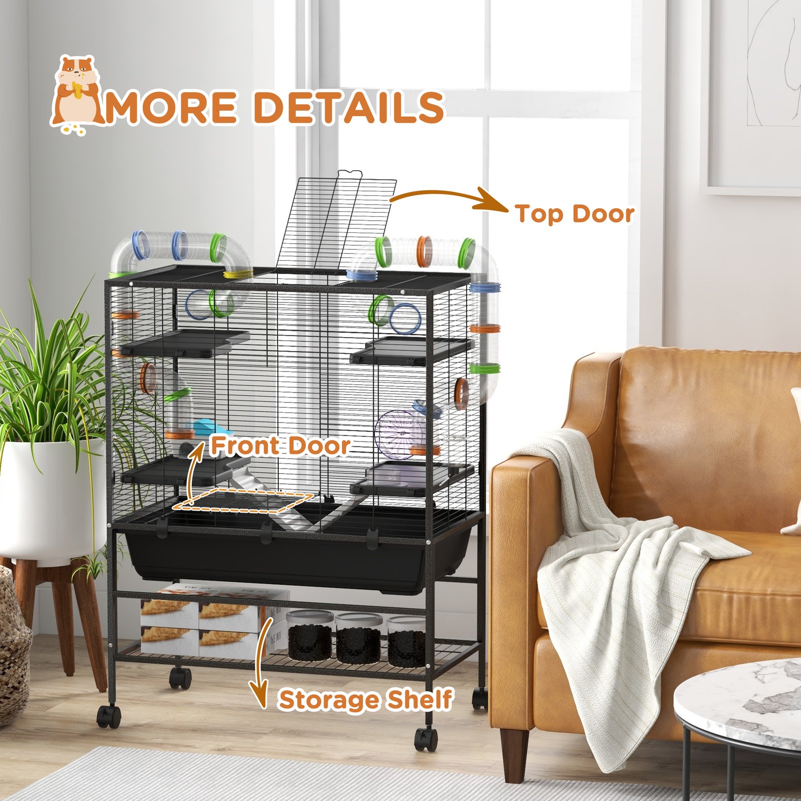 Large Hamster Cage, Gerbil Cage with Tubes, Storage Shelf, Ramps, Platforms, Running Wheel - Black - Image 8