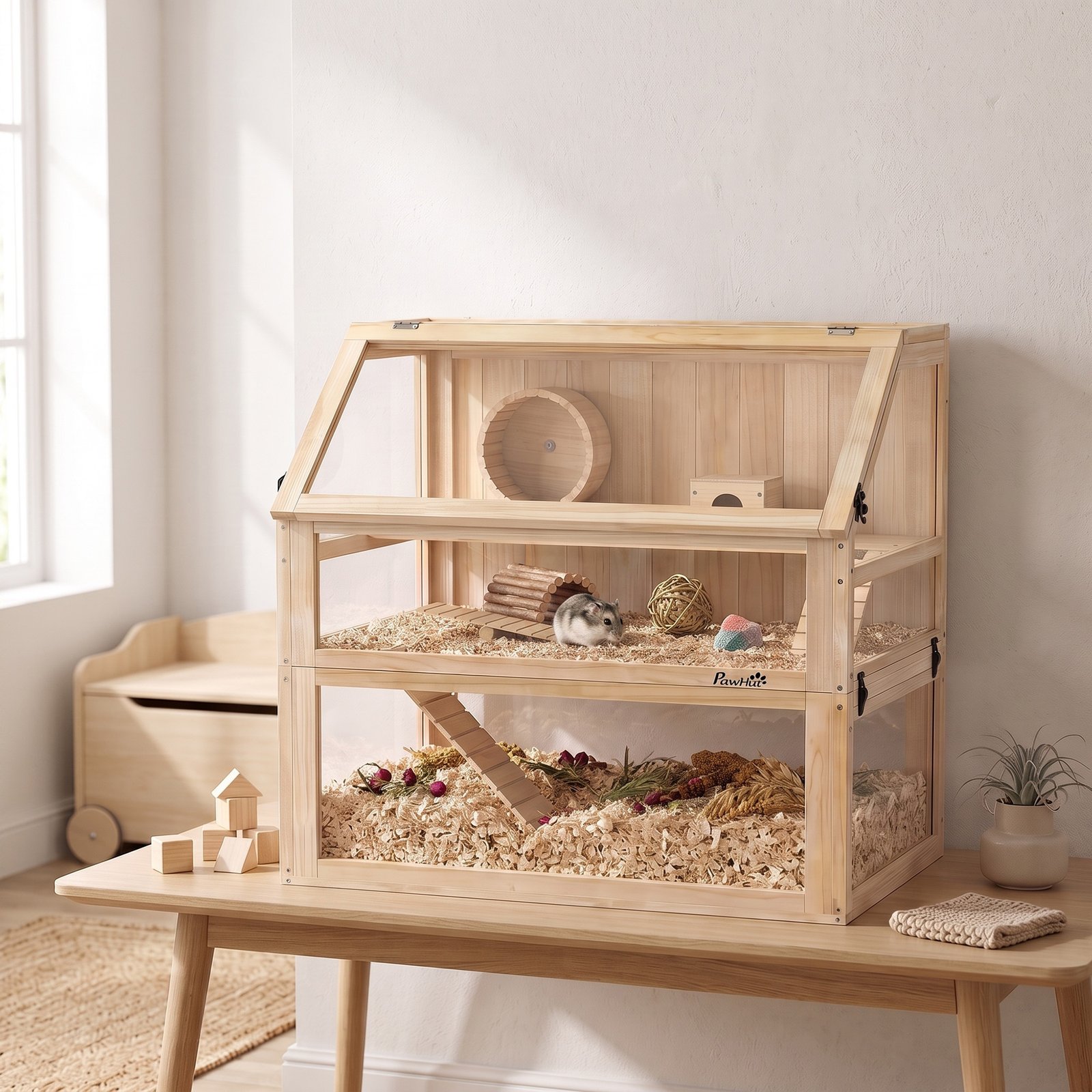 Wooden Hamster Cage with Detachable 31cm Deep Bottom, Hut, Seesaw, Exercise Wheel, Ramp, 80 x 50 x 76cm, Natural