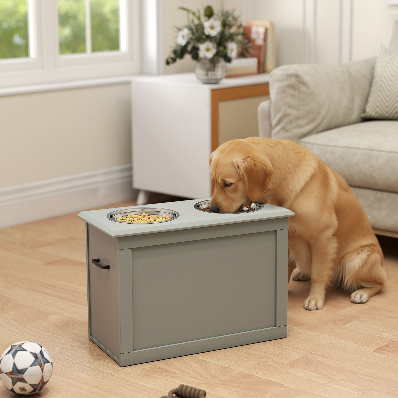 Raised Dog Bowls, with Storage, Two Stainless Steel Bowls, Elevated Base - Grey - Image 9