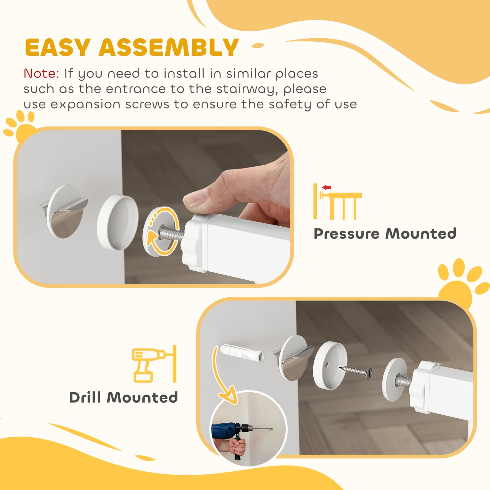 Adjustable Pet Gate with Cat Door, Pressure Fit Barrier for Doorway and Hallway, 75-85 cm, White