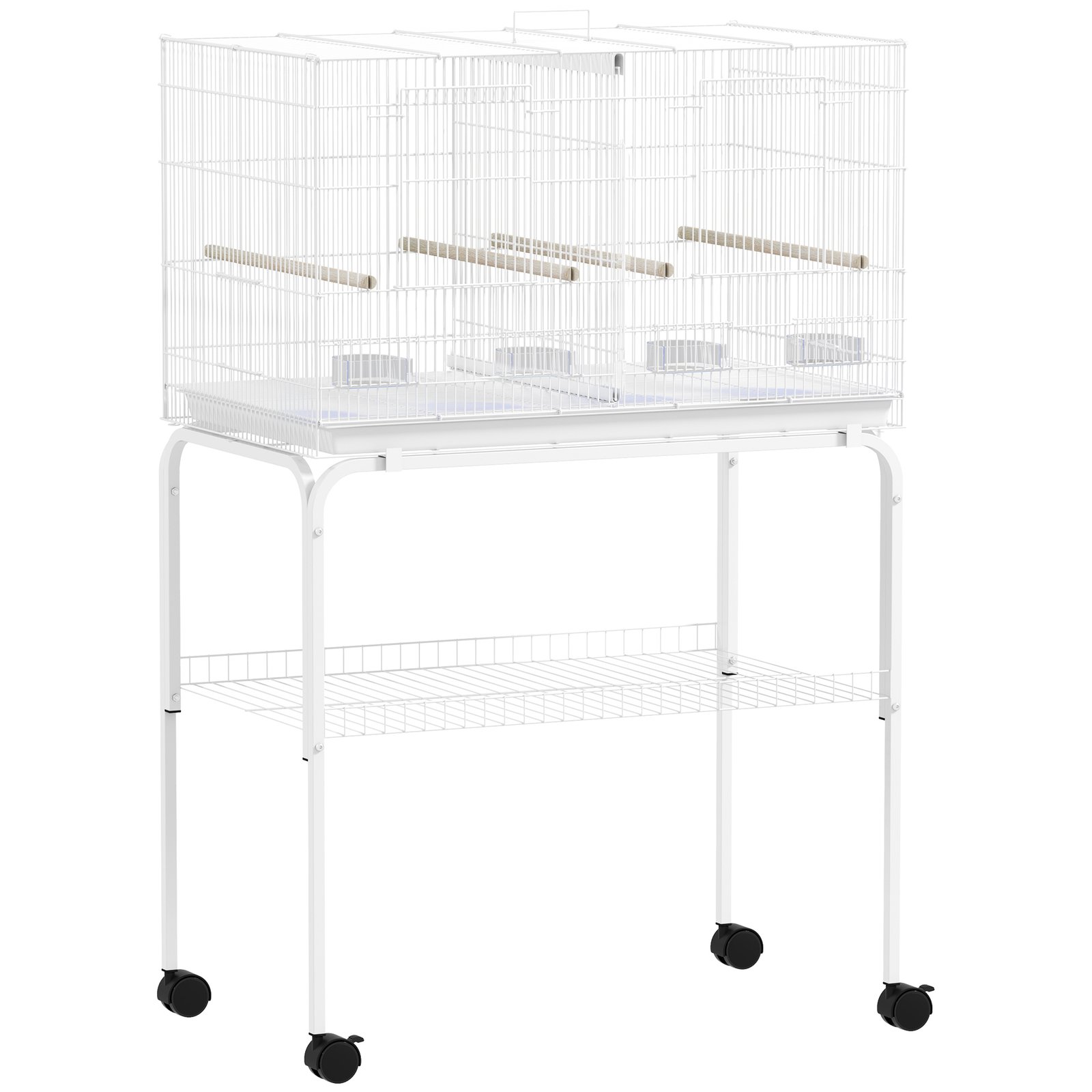 Bird Cage with Divider, 4 Wooden Perches, Slide Out Tray, 4 Feeders, for Budgie, Lovebird, Canary, 76 x 46 x 116cm White