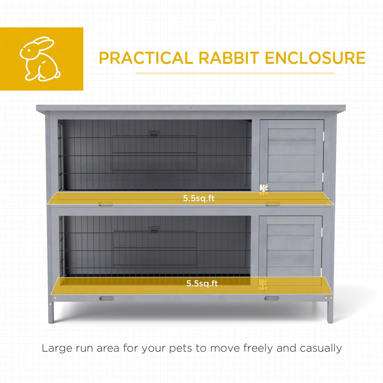 Rabbit Hutch Outdoor Guinea Pig Hutch Bunny Cage with No-Leak Trays, Divider, 136 x 50 x 93cm, Grey