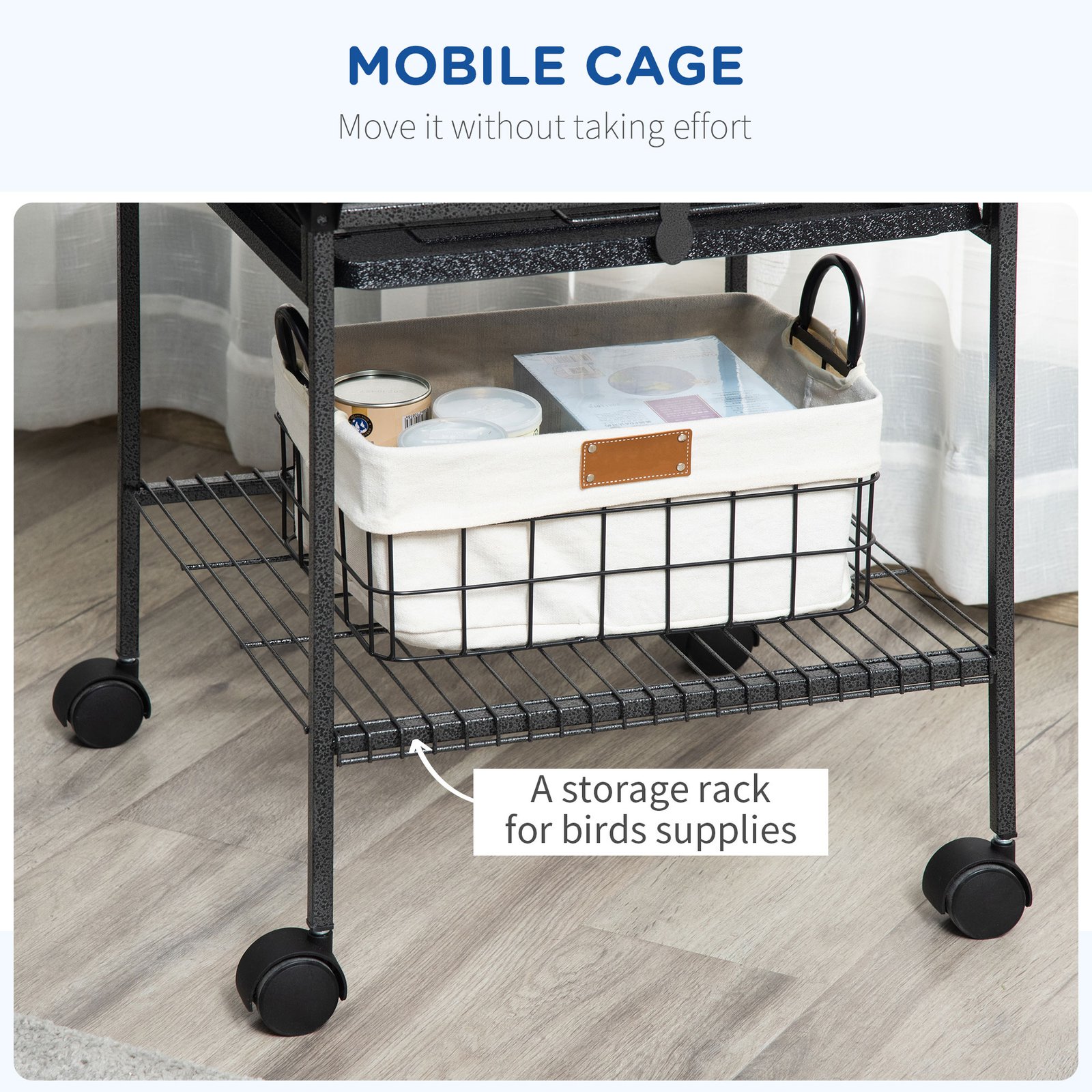 156cm Bird Cage,Large Parrot Cage with Open Play Top, Perch, Seed Guard, Wheels, Storage Shelf, Dark Grey