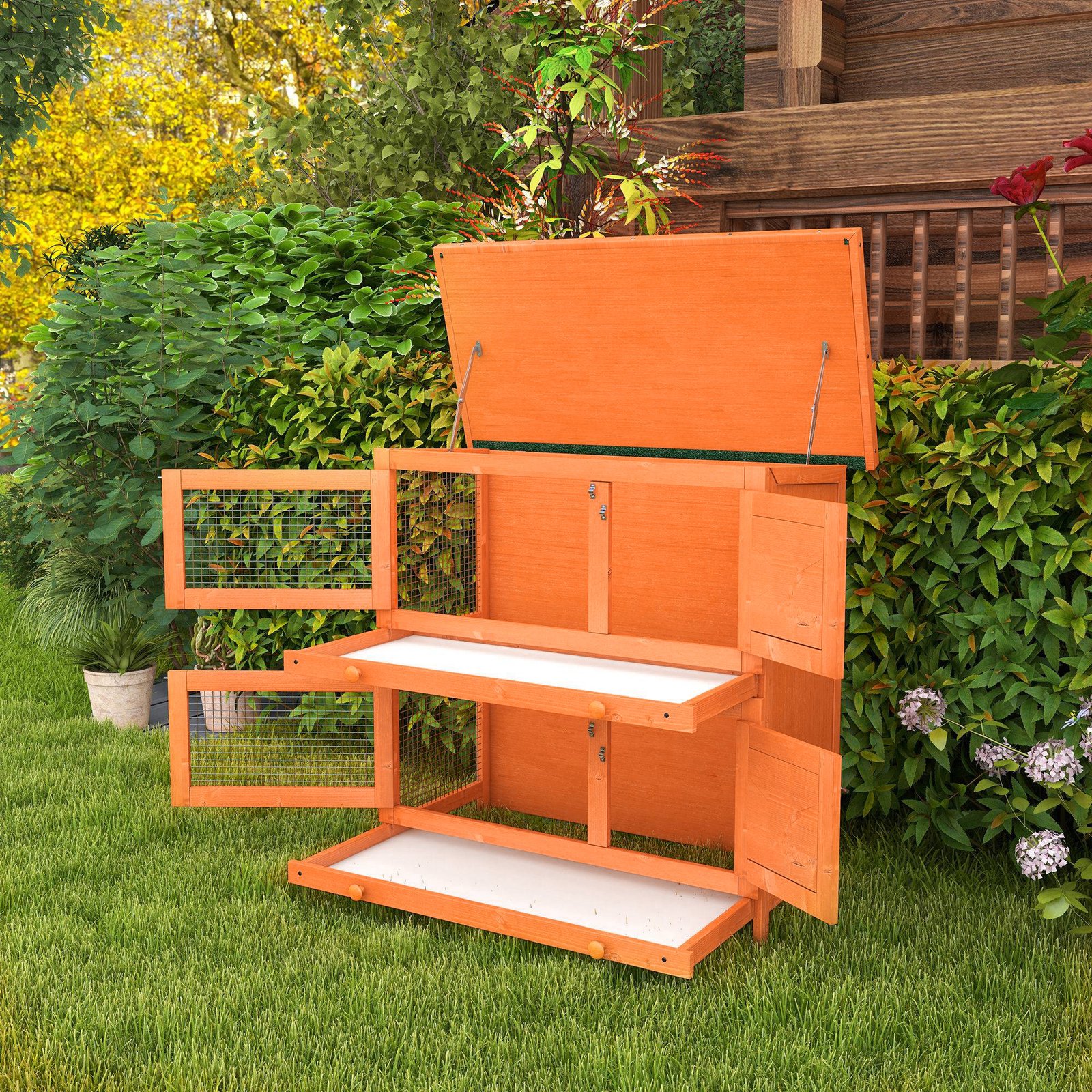 Rabbit Hutch Outdoor Guinea Pig Hutch Wooden Duck House Pet Cage with Opening Roof, 90 x 45 x 90cm - Image 8