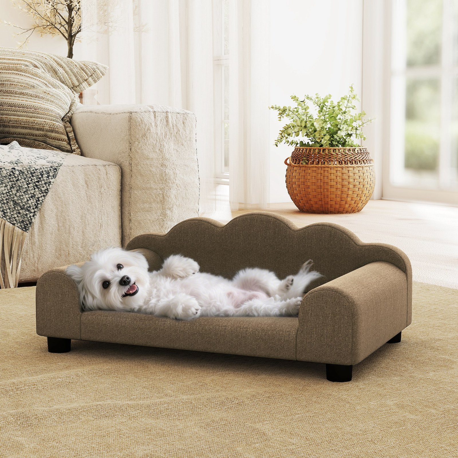 Elevated Dog Sofa Bed, Breathable Pet Sofa with Backrest and Armrest for Small Dogs, Brown - Image 8
