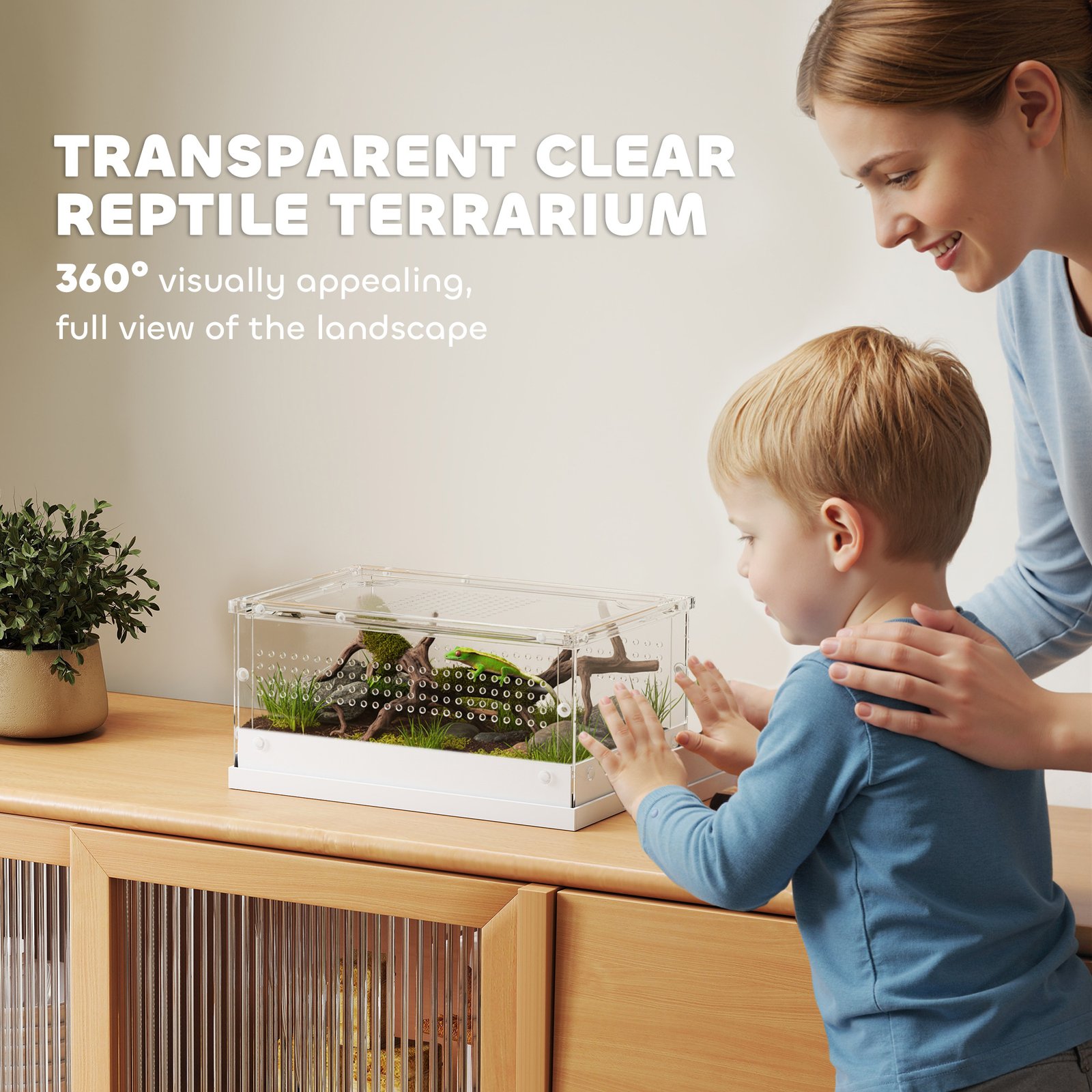 Acrylic Reptile Terrarium with Top Sliding Door, Vents, for Snake, Frog, Spider, Gecko, Tarantula, 30 x 20 x 15 cm