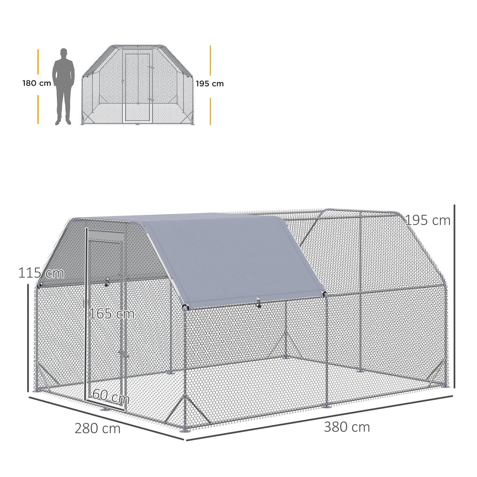 Walk in Chicken Run Chicken Coop Hen House Outdoor with Roof for 10-12 Chickens, 380 x 280 x 195cm - Image 3